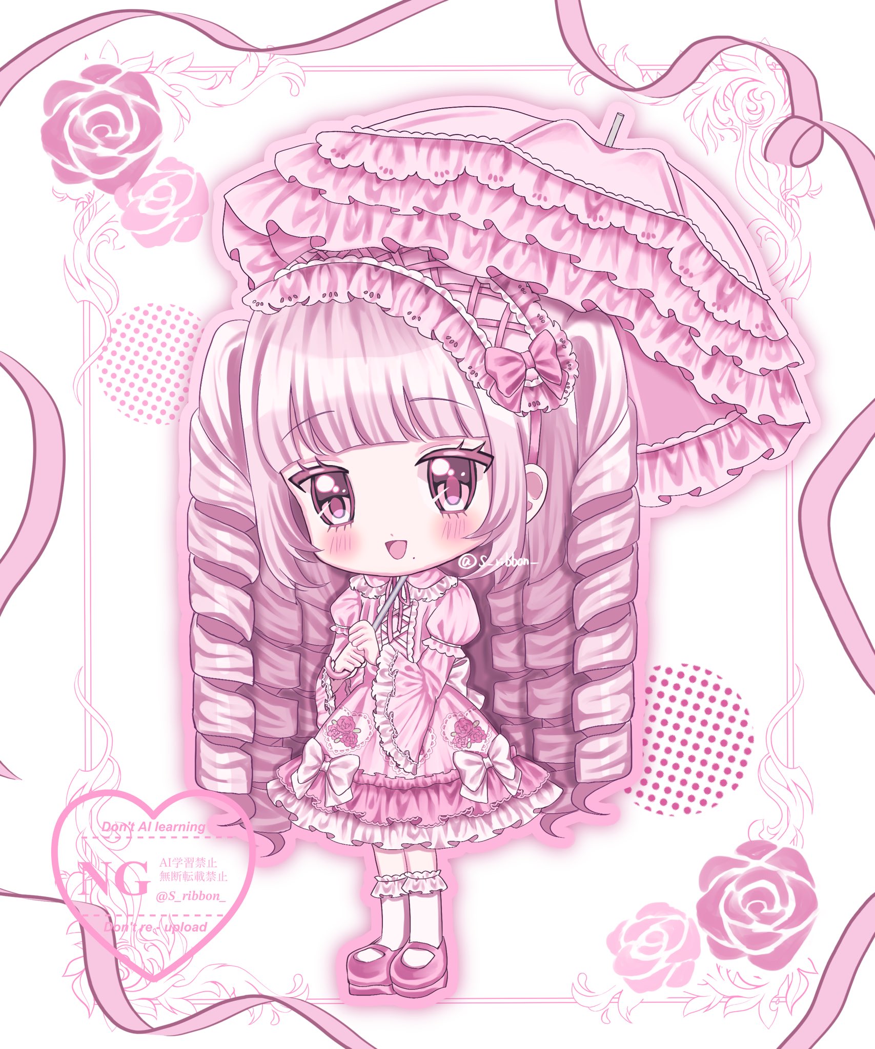yuni (s ribbon), original, highres, 1girl, accurate lolita coord, blush, deformed, dress, frilled dress, frills, hairband, holding, holding umbrella, lolita fashion, lolita hairband, long hair, long sleeves, looking at viewer, mary janes, open mouth, parasol, pink dress, pink eyes, pink hair, pink shoes, ringlets, shoes, smile, socks, solo, sweet lolita, umbrella, watermark, white socks
