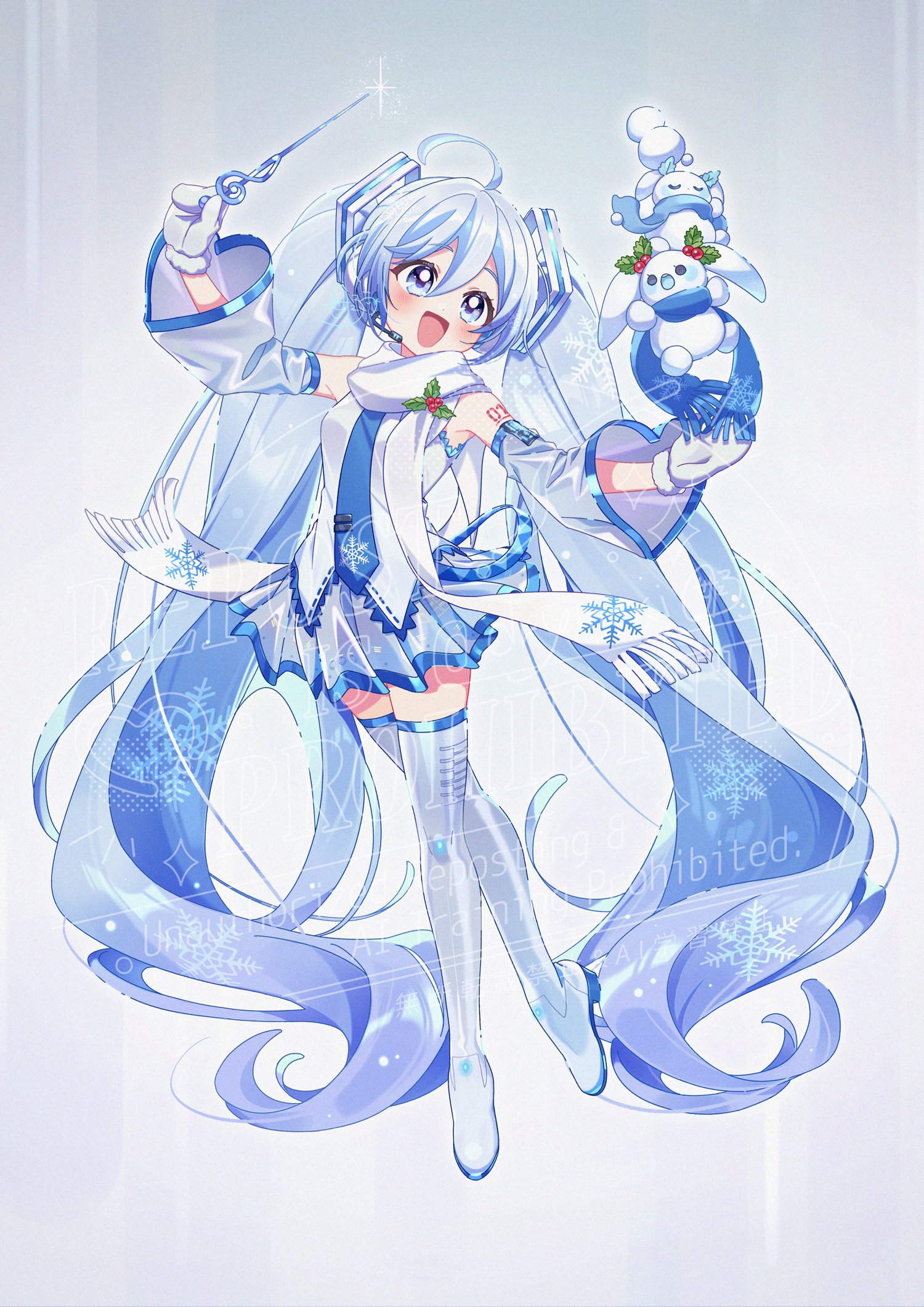 senotarou, hatsune miku, yuki miku, yuki miku (2011), vocaloid, hashtag-only commentary, highres, 1girl, :d, ahoge, bare shoulders, blue eyes, blue hair, blue necktie, blush, boots, detached sleeves, double-parted bangs, full body, grey boots, grey skirt, grey sleeves, hair between eyes, long hair, long sleeves, miniskirt, mittens, necktie, number tattoo, open mouth, pleated skirt, scarf, shirt, shoulder tattoo, skirt, sleeveless, sleeveless shirt, smile, snowman, solo, standing, tattoo, thigh boots, twintails, very long hair, watermark, white mittens, white scarf, white shirt, wide sleeves