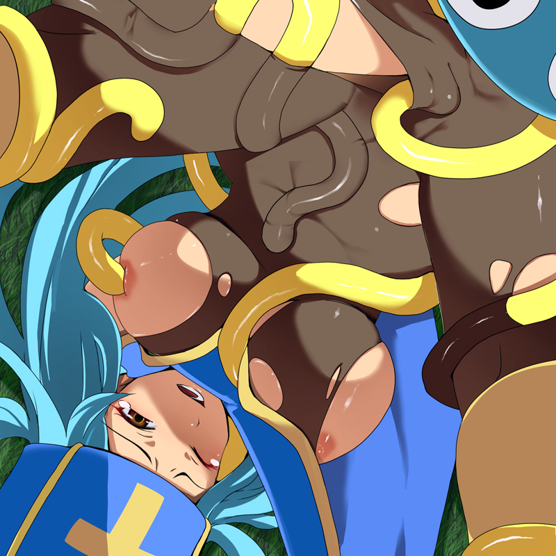 kosame daizu, healslime, priest (dq3), chunsoft, dragon quest, dragon quest iii, enix, bad id, bad pixiv id, 1girl, blue hair, bodysuit, breasts, brown eyes, female focus, hat, large breasts, mitre, nipple slip, nipples, one eye closed, solo, tears, tentacles, torn clothes, wince