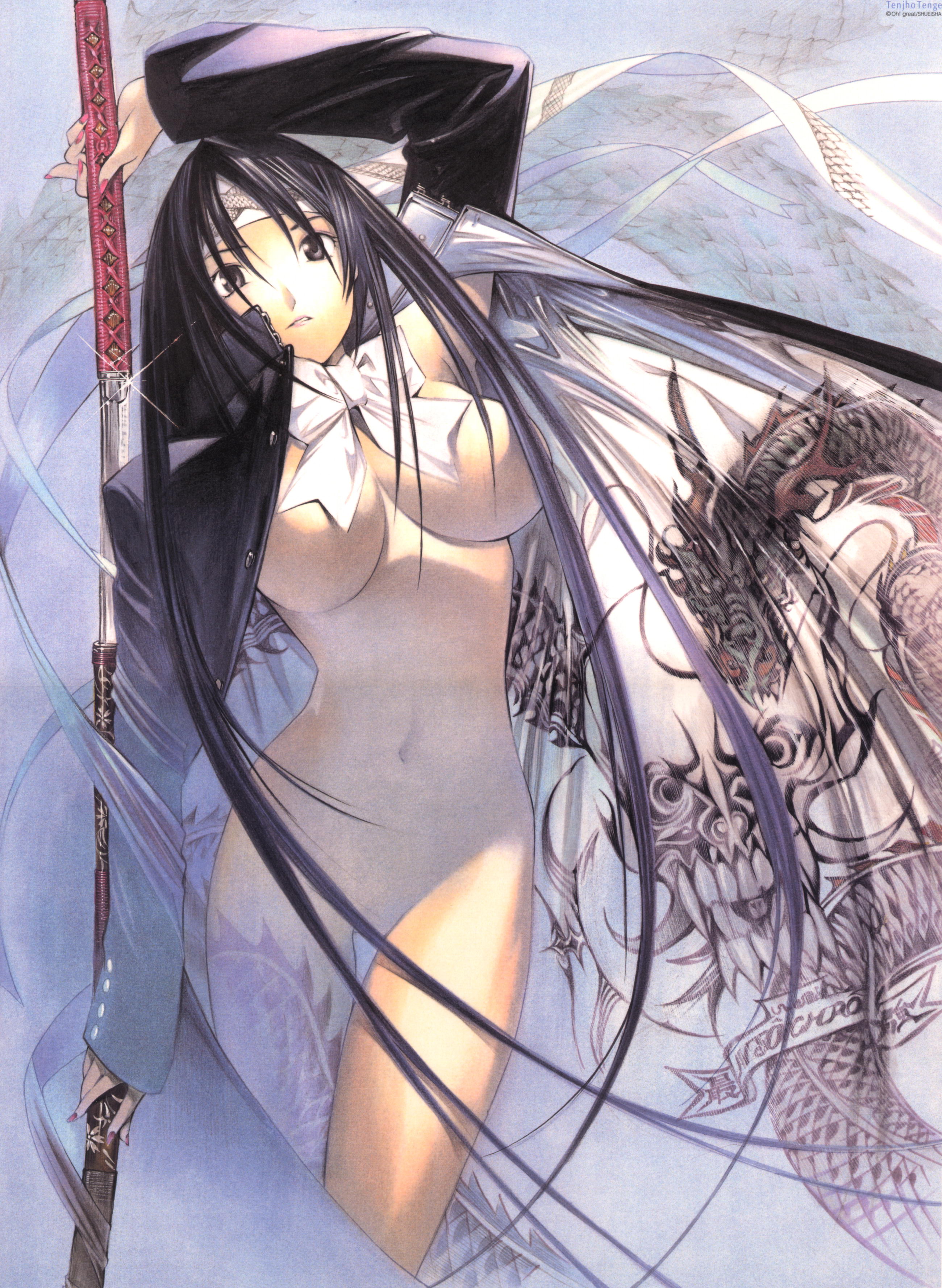 oogure ito, natsume aya, tenjou tenge, absurdres, highres, scan, 1girl, black eyes, black hair, breasts, female focus, katana, large breasts, nail polish, nude, pink nails, ribbon, sheath, solo, sword, unsheathing, weapon