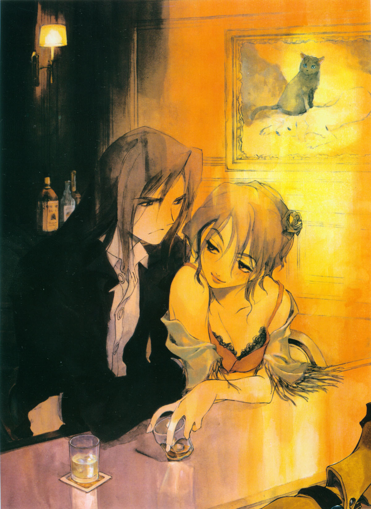 kusaka yuuya, uys els ito egum ed gorgon, majutsushi orphen, highres, official art, scan, 1boy, 1girl, bar (place), blonde hair, breasts, cat, cleavage, drink, eye contact, flower, formal clothes, grey hair, hair flower, hair ornament, long hair, looking at another, naughty face, off shoulder, painting (object), shawl, smile, suit