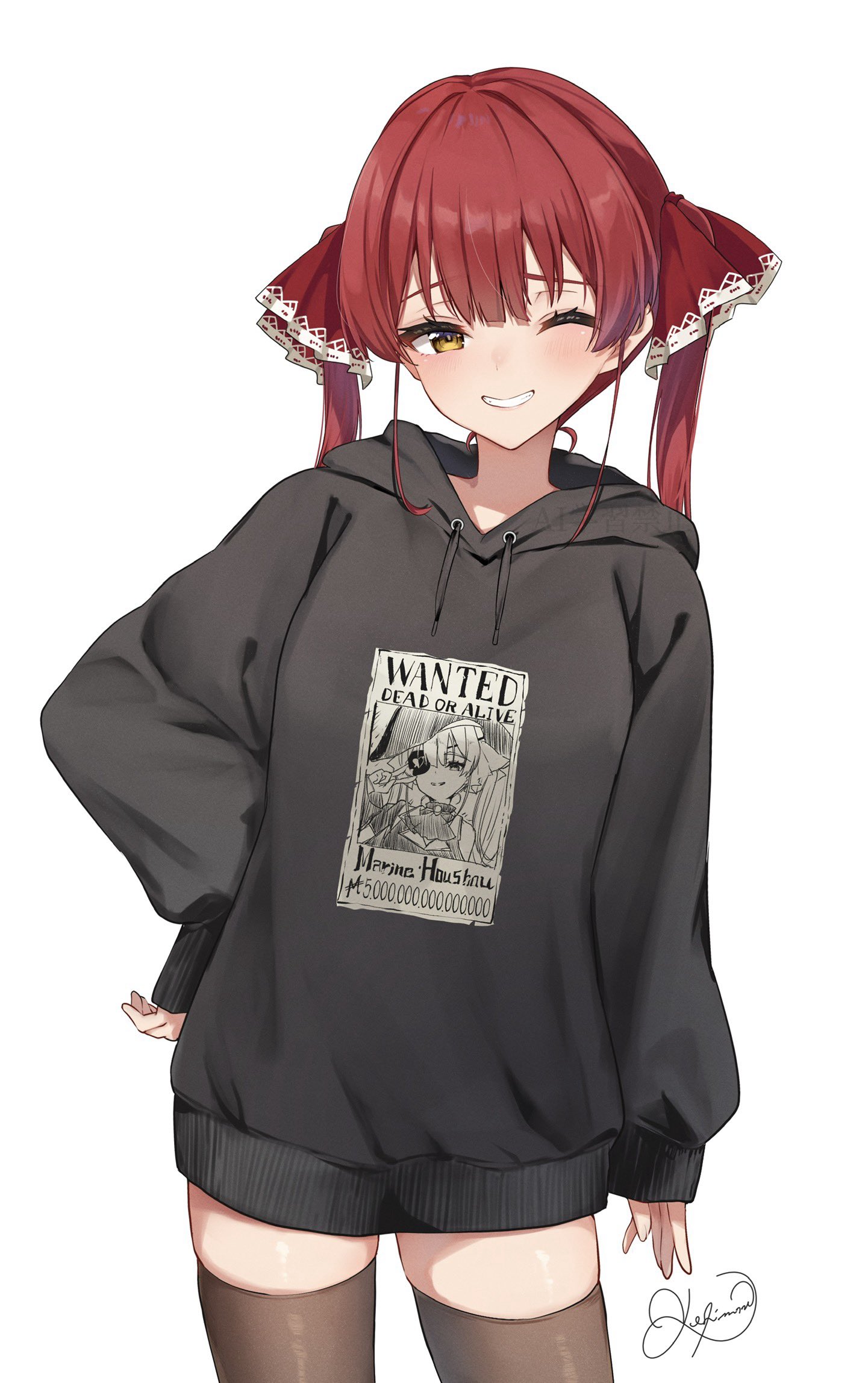 yoshinone, houshou marine, hololive, highres, 1girl, alternate costume, black hoodie, black thighhighs, contrapposto, grin, hair ribbon, hand on own hip, hood, hoodie, light blush, long sleeves, looking at viewer, one eye closed, oversized clothes, red eyes, red ribbon, ribbon, signature, simple background, sleeves past wrists, smile, solo, thighhighs, twintails, virtual youtuber, wanted poster, watermark, white background, yellow eyes