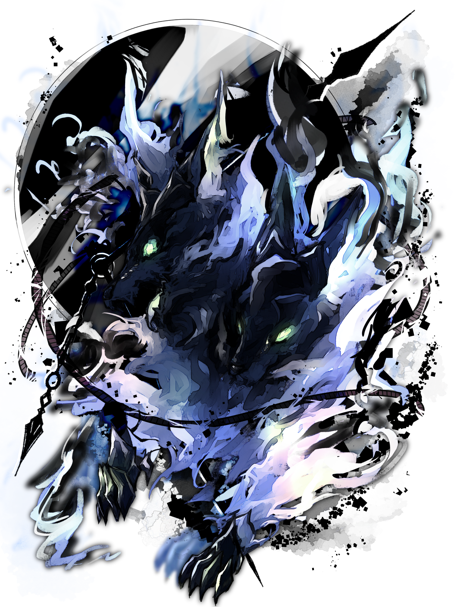 dairoku ryouhei, highres, animal, fire, green eyes, monster, multiple heads, no humans, peiyutwitt