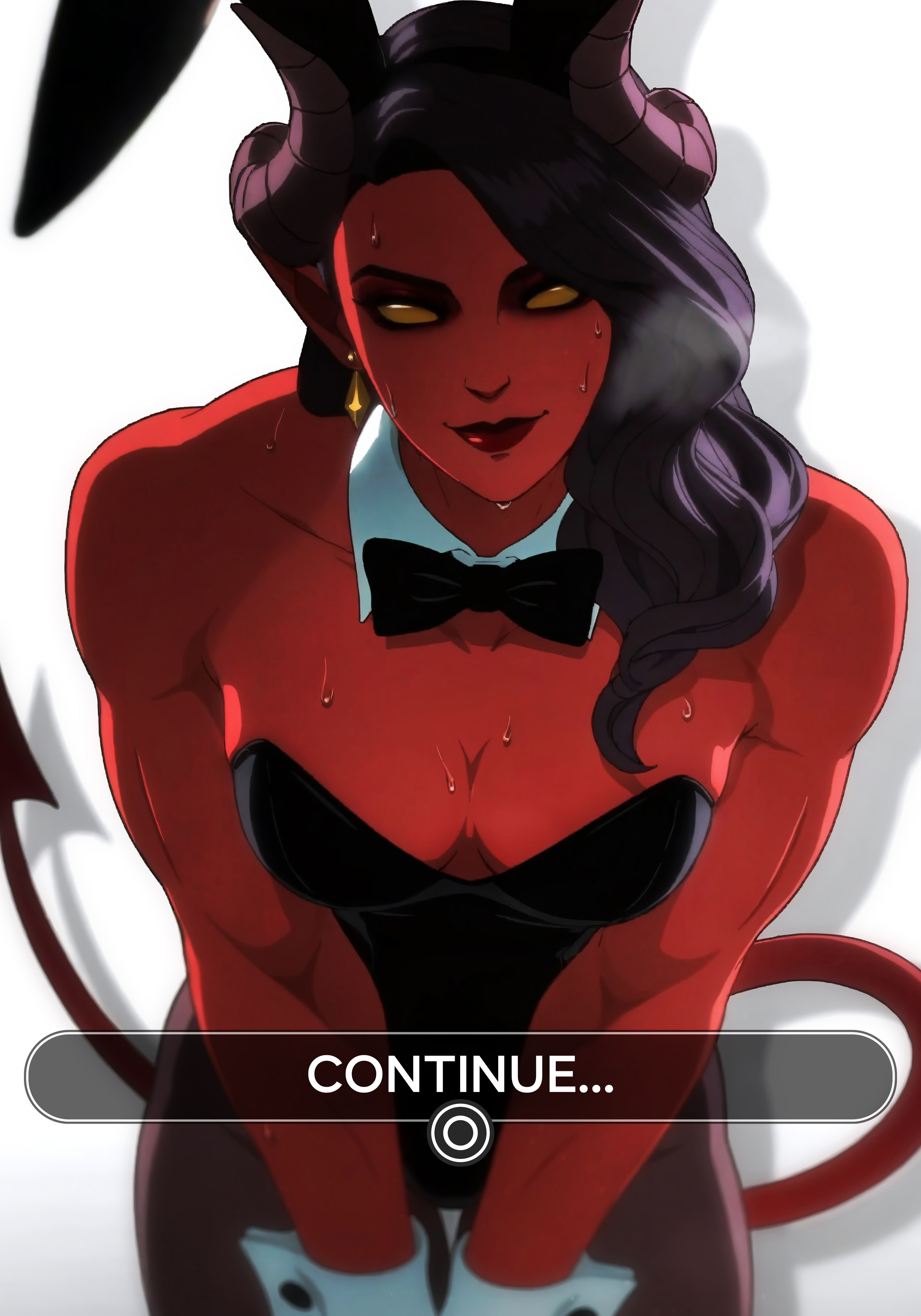 malevola (dispatch), dispatch, absurdres, highres, 1girl, animal ears, bare shoulders, black hair, black leotard, black pantyhose, bow, bowtie, breasts, cleavage, collarbone, colored skin, demon, demon girl, demon horns, demon tail, detached collar, earrings, english text, fake animal ears, horns, jewelry, leaning forward, leotard, lipstick, long hair, looking at viewer, makeup, medium breasts, muscular, muscular female, pantyhose, pengu, playboy bunny, pointy ears, rabbit ears, red lips, red skin, smile, solo, strapless, strapless leotard, sweat, tail, white background, wrist cuffs, yellow eyes