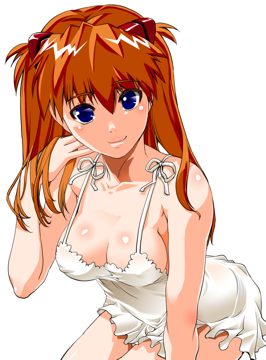 shinama, souryuu asuka langley, neon genesis evangelion, highres, 1girl, adjusting hair, blue eyes, breasts, cleavage, covered erect nipples, dress, female focus, large breasts, leaning forward, long hair, no bra, orange hair, panties, see-through clothes, sideboob, simple background, smile, solo, striped clothes, striped panties, underwear, white background, white dress