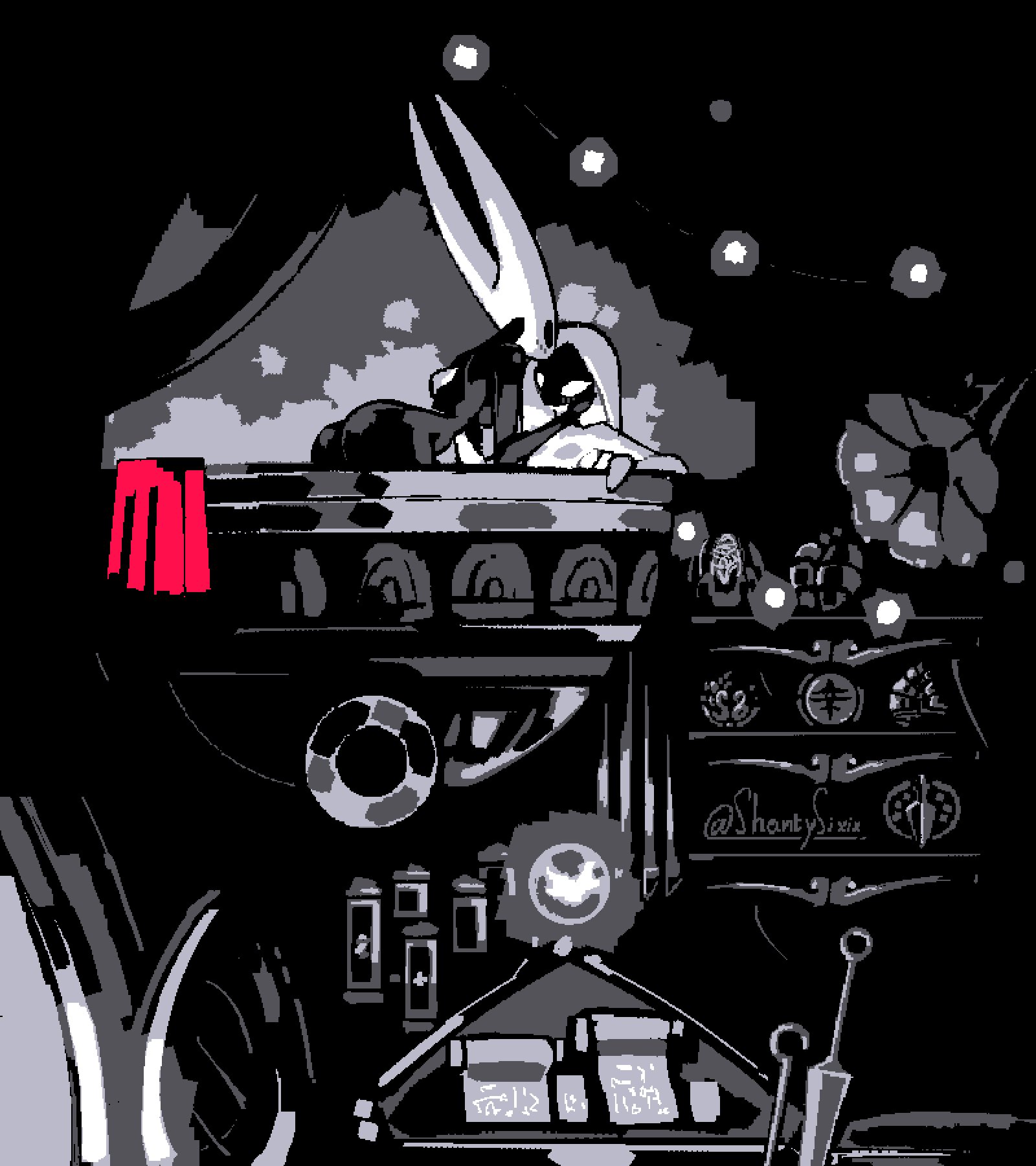 shantysixix, hornet (hollow knight), lace (hollow knight), hollow knight, hollow knight: silksong, highres, 2girls, arthropod girl, ass, bathtub, breasts, cloak, colored skin, girl on top, greyscale, hand on another's cheek, hand on another's face, hand on another's shoulder, hollow eyes, horned mask, horns, in-universe location, looking at another, mask, monochrome, multiple girls, needle (hollow knight), nude, pin (hollow knight), red cloak, shared bathing, spot color, steam, unworn cloak, weapon, yuri