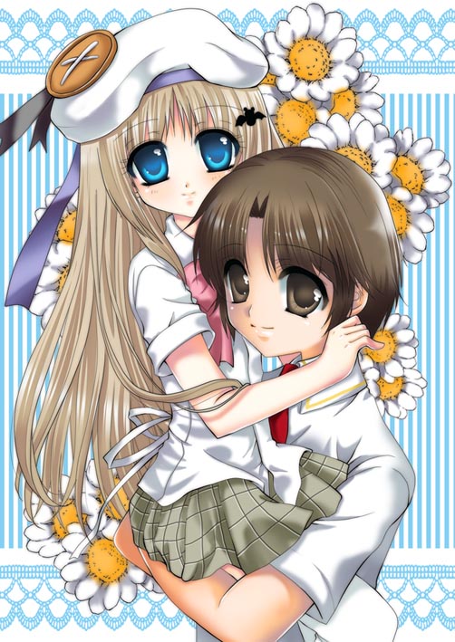 sakasaka, naoe riki, noumi kudryavka, little busters!, bad id, bad pixiv id, blonde hair, blue eyes, bob cut, brown eyes, brown hair, carrying, hat, long hair, school uniform, short hair, thighhighs