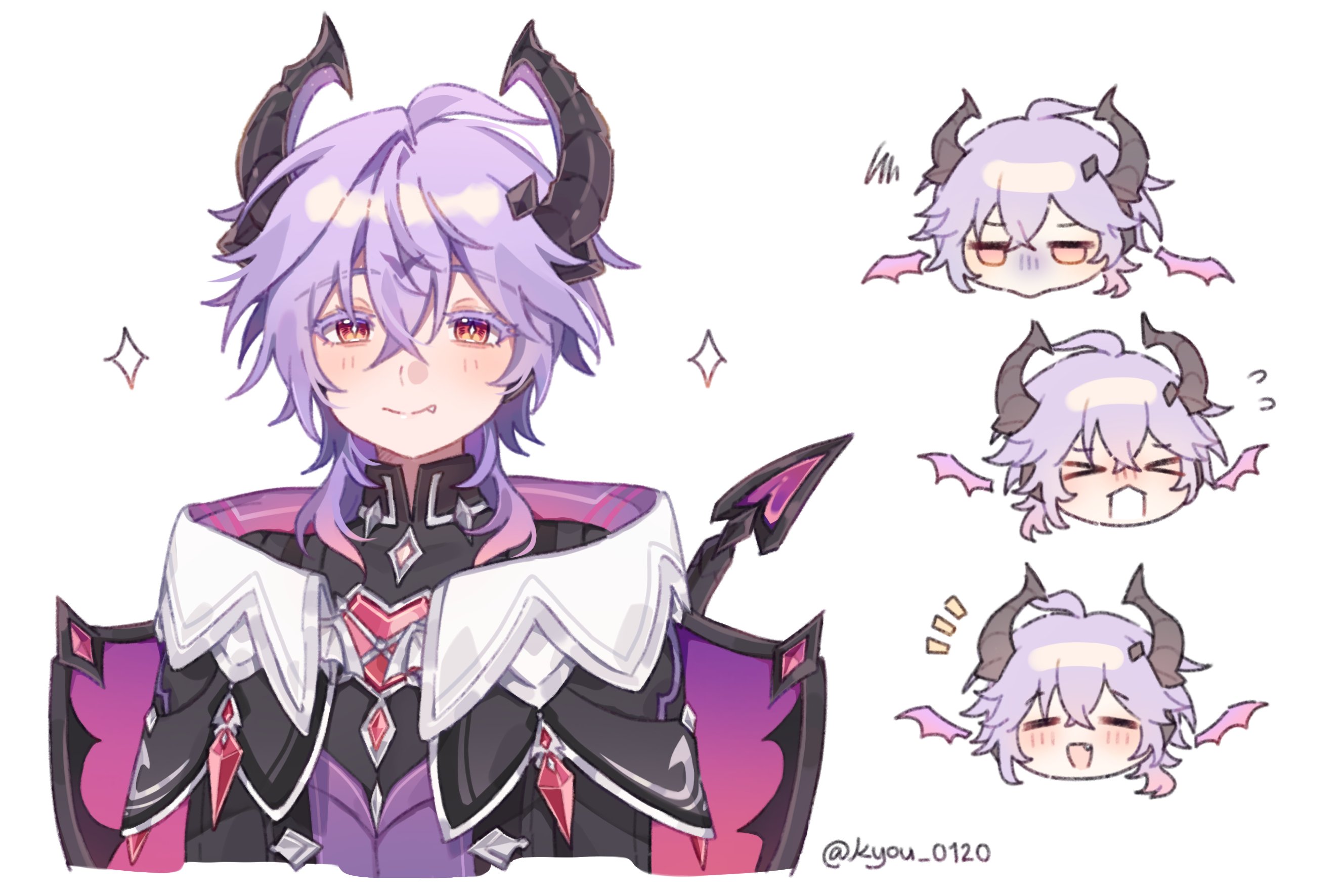 kyou 0120, mini durin (genshin impact), mini durin (human) (genshin impact), genshin impact, commentary, english commentary, highres, > <, 1boy, ahoge, artist name, black jacket, black shirt, bright pupils, closed eyes, closed mouth, crossed bangs, crystal, crystal hair ornament, diamond-shaped pupils, diamond (shape), dragon boy, dragon horns, dragon tail, dragon wings, fang, flying sweatdrops, gem, hair between eyes, hair ornament, head only, horns, jacket, jewelry, lapels, long sleeves, looking at viewer, male focus, mandarin collar, multiple views, notice lines, open clothes, open jacket, open mouth, pendant, pink gemstone, purple hair, purple jacket, purple vest, red eyes, shirt, short hair, sidelocks, simple background, smile, sparkle, squiggle, symbol-shaped pupils, tail, two-sided fabric, two-sided jacket, upper body, vest, white background, white pupils, wings