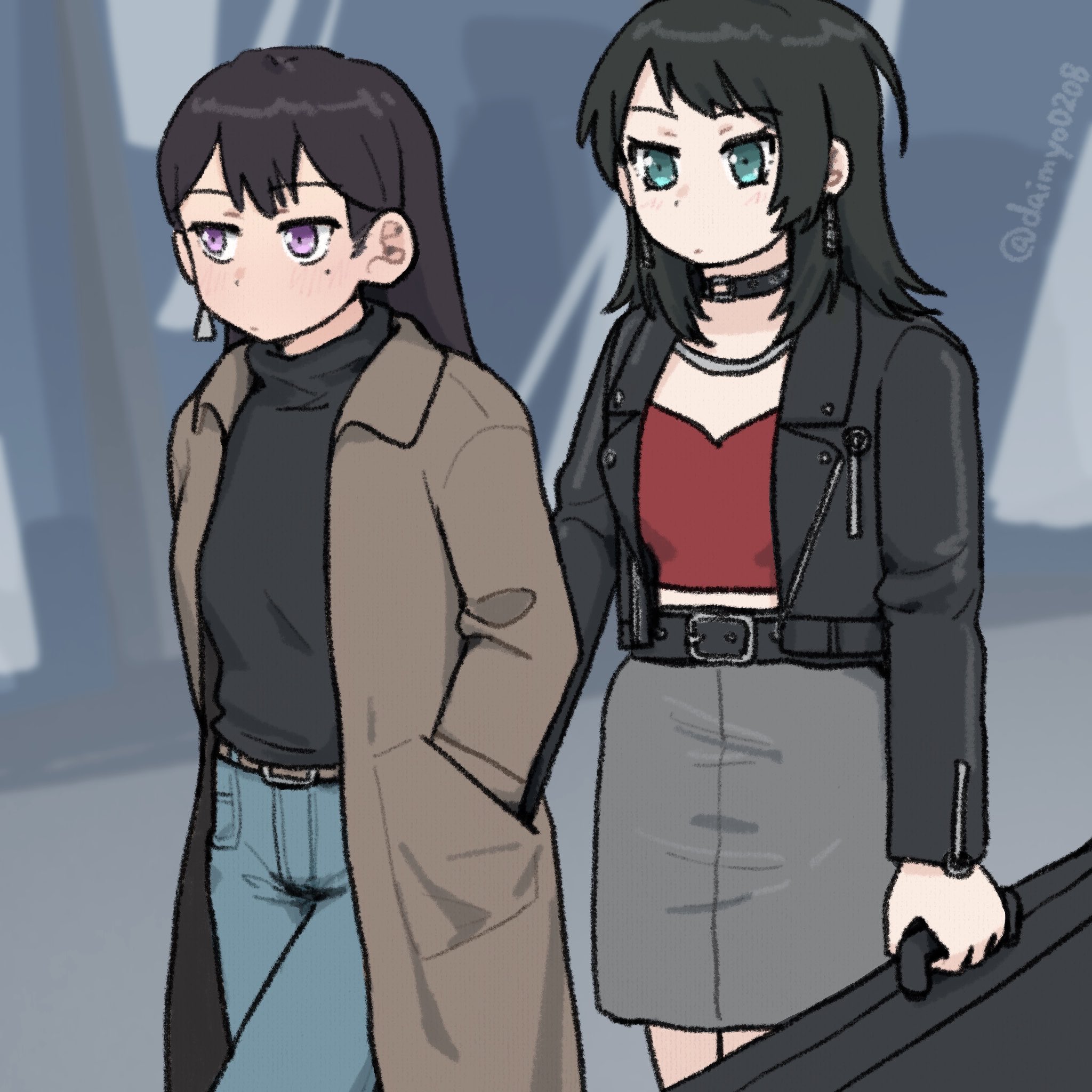 daimyo0208, shiina taki, yahata umiri, bang dream!, bang dream! it's mygo!!!!!, commentary request, highres, 2girls, black choker, black hair, black jacket, black sweater, blue pants, blush, brown coat, brown hair, choker, closed mouth, coat, denim, earrings, grey skirt, guitar case, hand in another's pocket, holding case, instrument case, jacket, jeans, jewelry, long hair, mole, mole under eye, multiple girls, pants, purple eyes, red shirt, shirt, skirt, sweater, yuri