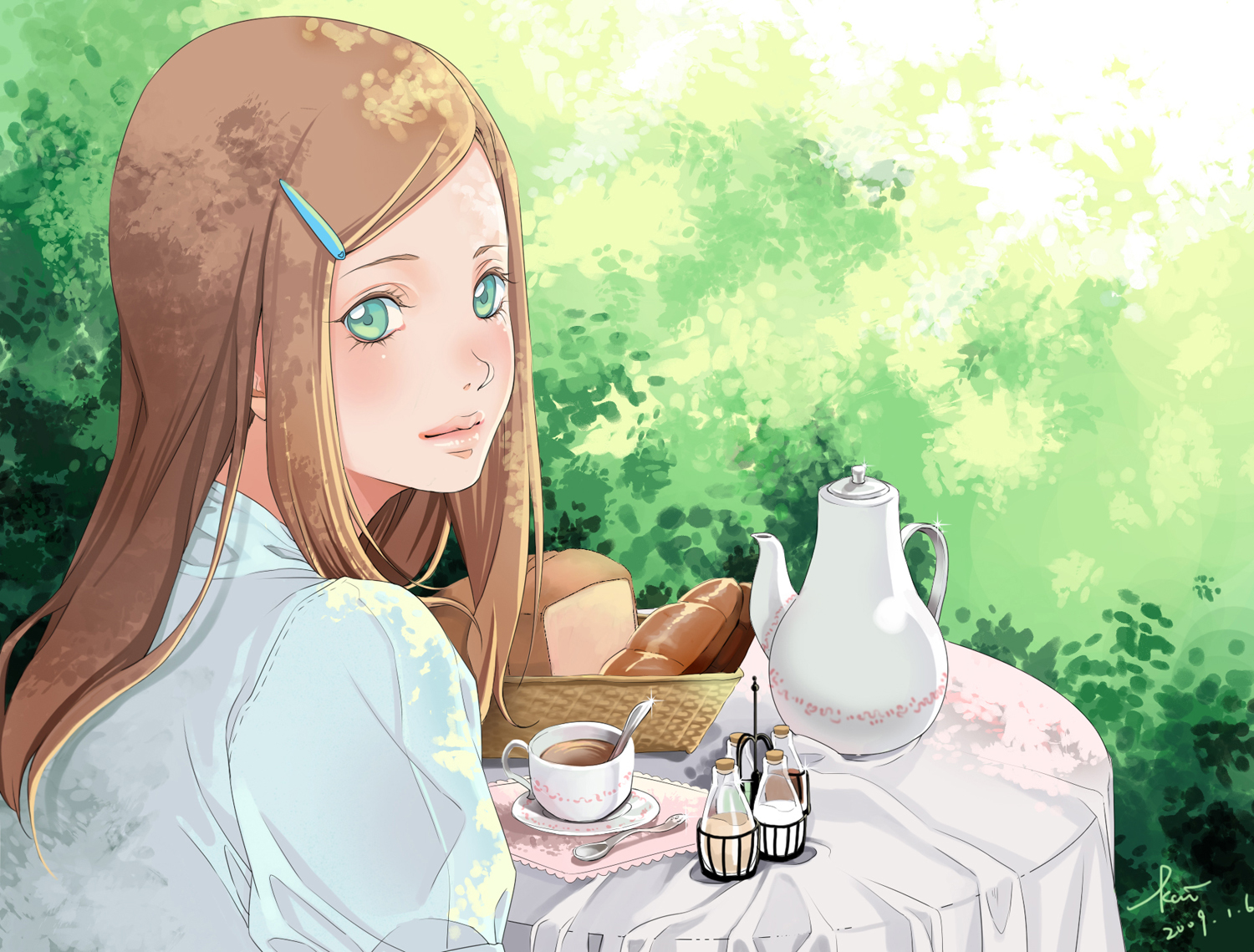 kai (linking), original, 1girl, bread, brown hair, cup, female focus, food, green eyes, hair ornament, hairclip, long hair, looking back, signature, solo, tea, teacup