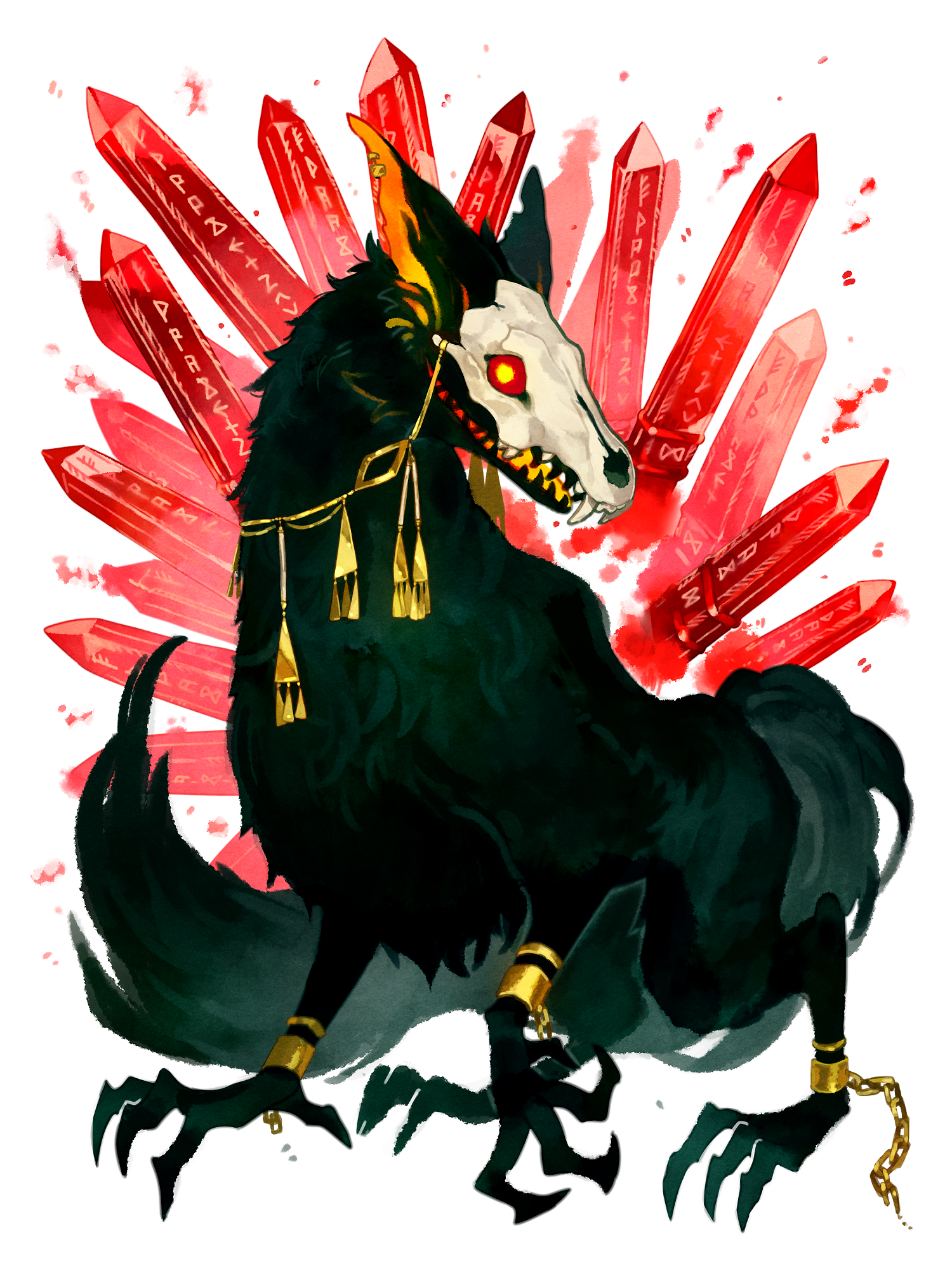 kuten (tw), dairoku ryouhei, highres, anklet, broken, broken chain, chain, crystal, earrings, jewelry, looking at viewer, monster, no humans, red eyes, runes, skull, tail