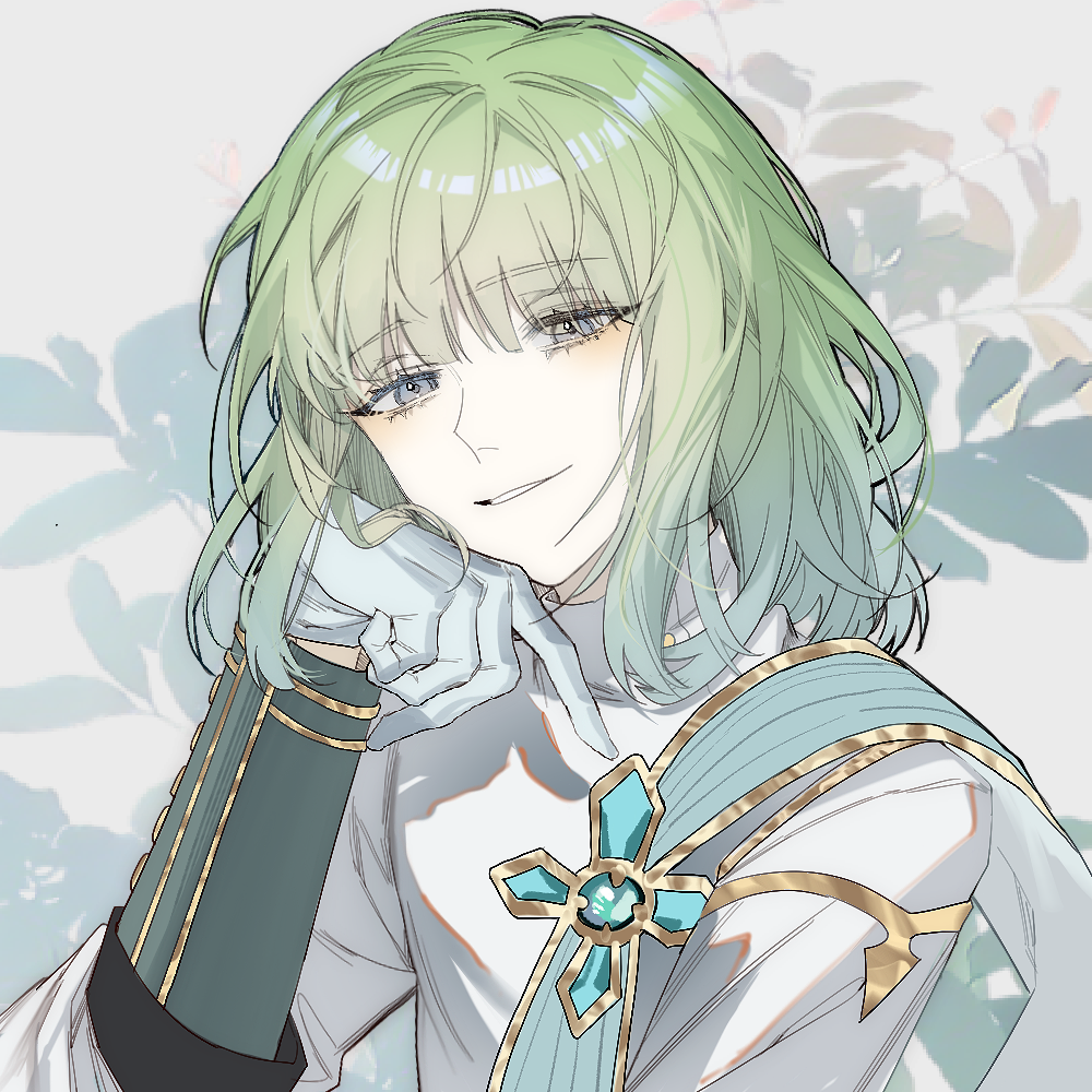 tariqingsha, welcome to dreamland, chinese commentary, 1boy, aqua cape, arm guards, blue eyes, blunt bangs, brooch, cape, gloves, green hair, head rest, jewelry, leaf, leaf background, looking at viewer, male focus, medium hair, parted lips, shadow, shafie (welcome to dreamland), shirt, side cape, smile, solo, three-quarter sleeves, turtleneck, turtleneck shirt, upper body, white background, white gloves, white shirt