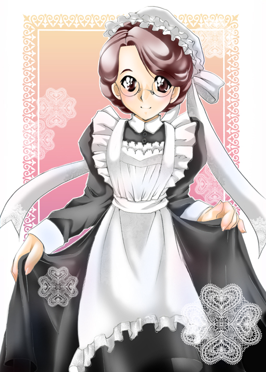 usami mitsuki, emma, emma (victorian romance emma), victorian romance emma, 00s, 1girl, apron, brown hair, clothes grab, female focus, glasses, lace, maid, maid apron, smile, solo, victorian maid