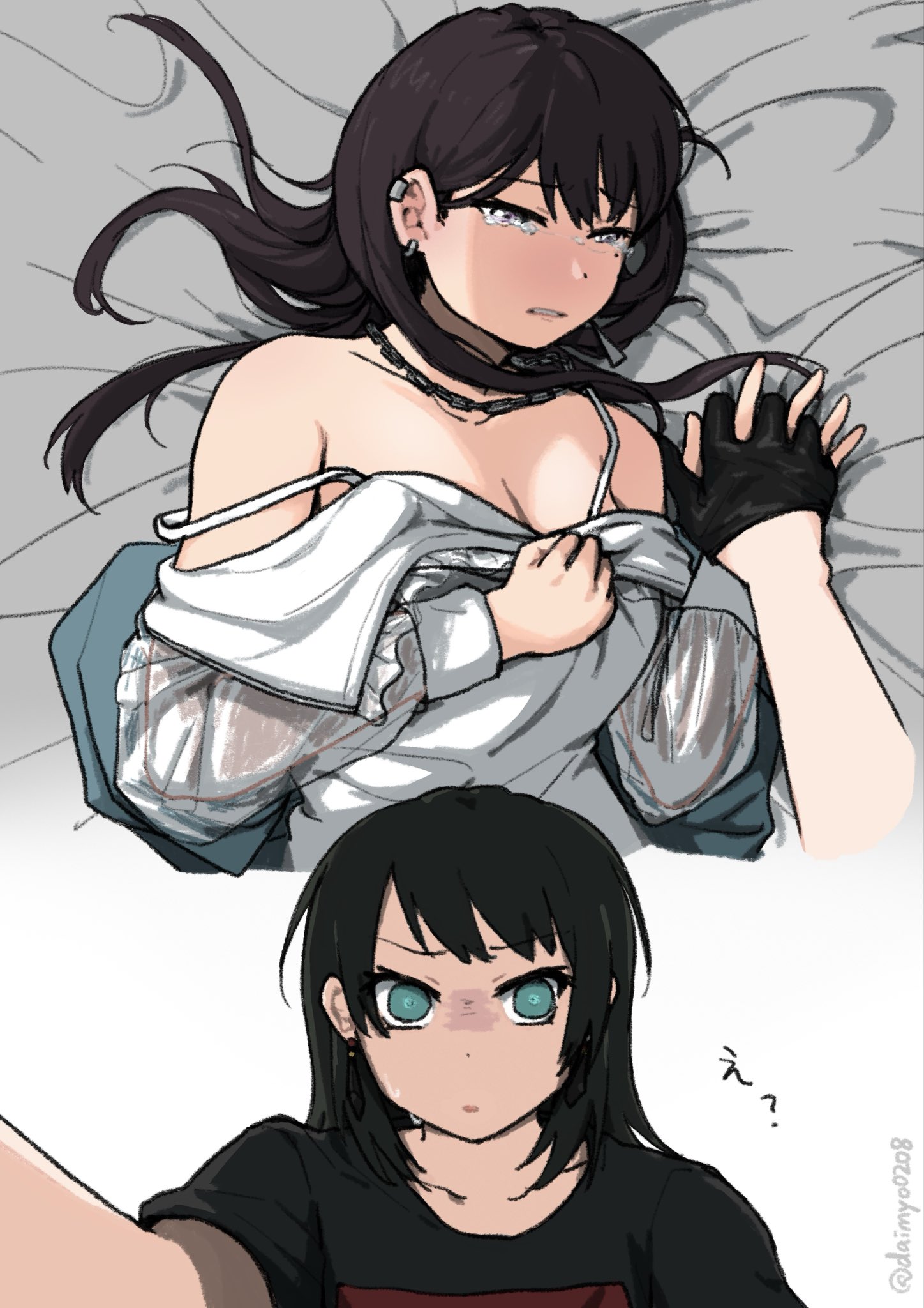 daimyo0208, shiina taki, yahata umiri, bang dream!, bang dream! it's mygo!!!!!, commentary request, highres, 2girls, black gloves, black hair, blue eyes, blush, bra, breasts, brown hair, chain, chain necklace, cleavage, dress, earrings, female pov, fingerless gloves, gloves, holding hands, interlocked fingers, jewelry, long hair, multiple girls, necklace, off shoulder, parted lips, pov, purple eyes, sweat, underwear, white bra, white dress, yuri