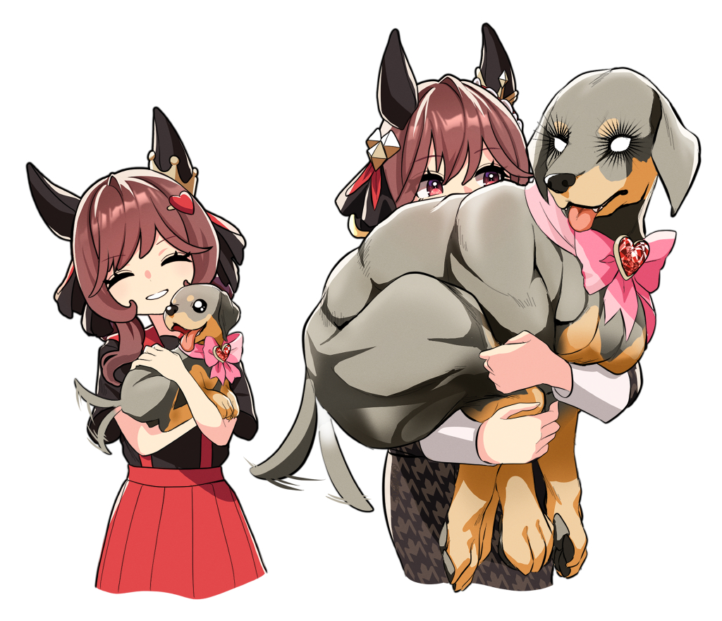 nieto tokage, gentildonna (umamusume), umamusume, 1girl, age progression, animal, animal ears, black shirt, black skirt, bow, breasts, brown hair, closed eyes, dog, ear covers, eyelashes, hair between eyes, hair ornament, heart, heart-shaped ornament, heart ear ornament, holding, holding animal, holding dog, horse ears, horse girl, long hair, open mouth, pink bow, red eyes, red skirt, red suspenders, shirt, simple background, skirt, smile, strong, tail, tail wagging, tongue, tongue out, white background