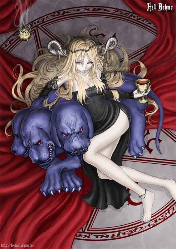 burunuu (bullnukko), domo, cerberus, original, 1girl, anklet, barefoot, blonde hair, breasts, chalice, cleavage, cup, cupping glass, detached sleeves, dog, feet, female focus, horns, incense, jewelry, large breasts, legs, long hair, long legs, lying, monster, nail polish, pale skin, pentagram, purple nails, red eyes, solo
