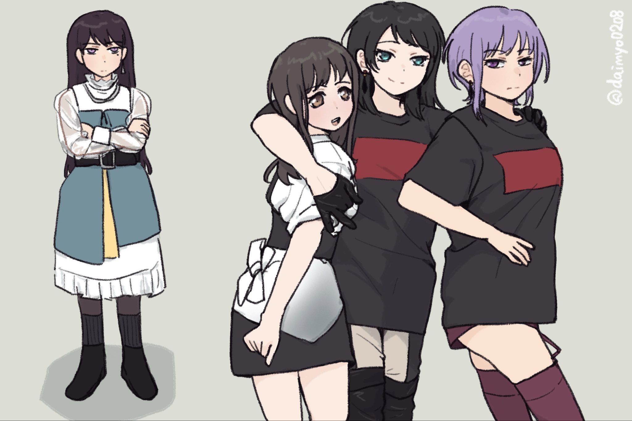 daimyo0208, amoris (bang dream!), shiina taki, sumita mana, timoris (bang dream!), yahata umiri, yuutenji nyamu, bang dream!, bang dream! it's mygo!!!!!, commentary request, highres, 4girls, arm around neck, black boots, black hair, black shirt, black shoes, blue dress, blue eyes, boots, brown eyes, brown hair, closed mouth, crossed arms, dress, earrings, garter straps, girl sandwich, grey background, hand on another's shoulder, jewelry, long hair, mole, mole under eye, multiple girls, open mouth, purple eyes, purple hair, purple thighhighs, sandwiched, see-through clothes, see-through sleeves, shirt, shoes, simple background, smile, thigh boots, thighhighs, twintails, white dress