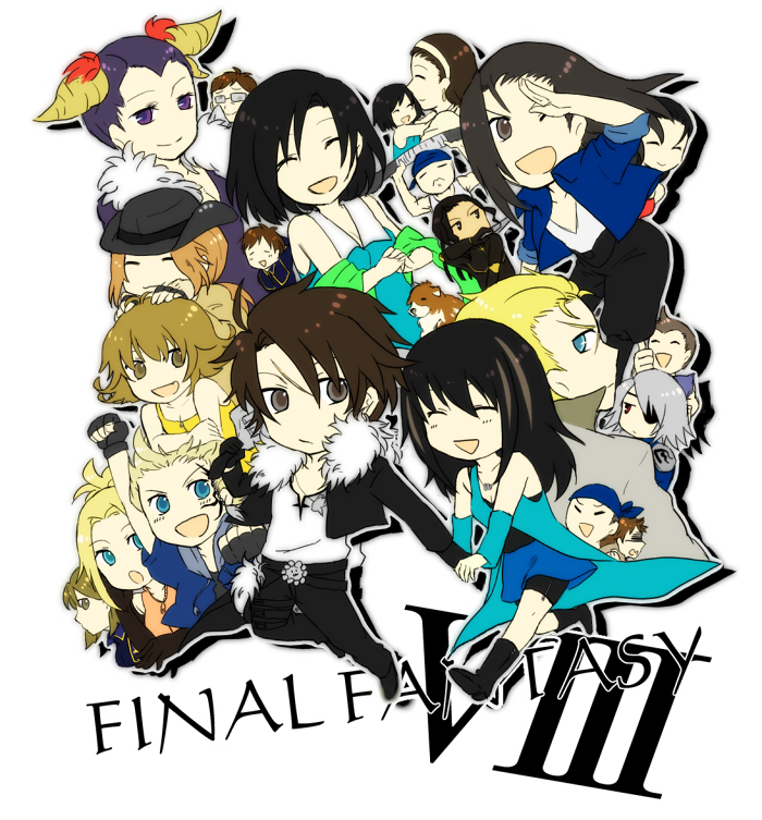 airking, angelo (ff8), cid kramer, edea kramer, ellone, ellone loire, fujin (ff8), irvine kinneas, julia heartilly, kiros seagill, laguna loire, nida, nida (ff8), quistis trepe, raijin (ff8), raine loire, rinoa heartilly, seifer almasy, selphie tilmitt, squall leonhart, ward zabac, watts (ff8), xu, xu (ff8), zell dincht, zone (ff8), dissidia final fantasy, final fantasy, final fantasy viii, bad id, bad pixiv id, 1990s (style), 6+boys, 6+girls, :3, :d, ^ ^, anchor, bandana, black hair, blonde hair, blue eyes, brown eyes, brown hair, chibi, clenched hand, closed eyes, copyright name, cowboy hat, dagger, dog, dual persona, everyone, eyepatch, flipped hair, glasses, grey hair, gunblade, happy, hat, jamadhar, knife, long hair, multiple boys, multiple girls, one eye closed, open mouth, purple eyes, raised fist, retro artstyle, salute, scar, short hair, smile, tattoo, thumbs up, weapon, wink