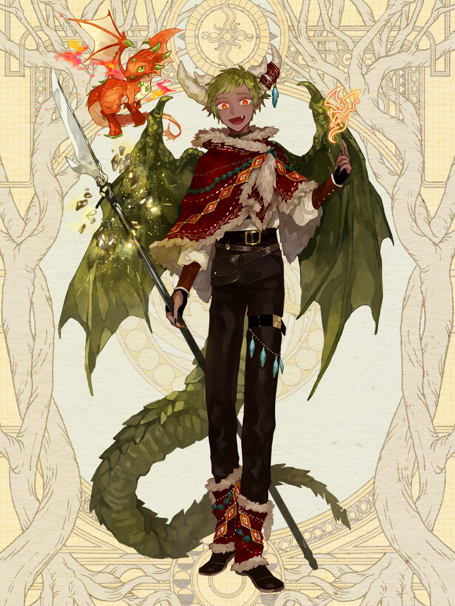 kuten (tw), dairoku ryouhei, highres, 1boy, :d, belt, black pants, boots, cape, dark-skinned male, dark skin, dragon, dragon boy, dragon horns, dragon tail, dragon wings, fang, fur trim, green hair, green wings, holding, holding polearm, holding weapon, horn ornament, horns, magic, male focus, open mouth, orange eyes, pants, polearm, pouch, smile, solo, spear, tail, thigh strap, tulpa cardia, weapon, wings, yellow background