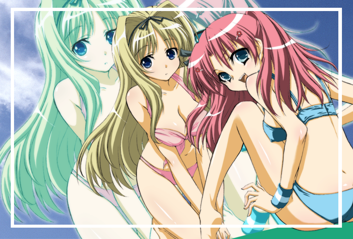 noriko (hshinnjyo2), kusugawa sasara, maaryan (to heart), to heart (series), to heart 2, 00s, 2girls, aqua eyes, bikini, blonde hair, blue eyes, breasts, cleavage, covered erect nipples, green eyes, hair ornament, hairband, hairclip, kneeling, leaning forward, long hair, looking back, multiple girls, pink hair, red hair, swimsuit, wristband, zoom layer