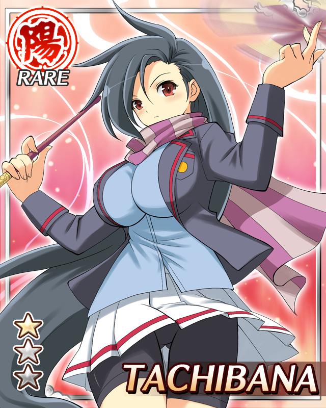 tachibana (senran kagura), senran kagura, senran kagura new wave, game cg, official art, 1girl, arms up, bike shorts, black hair, black jacket, blue shirt, border, breasts, card (medium), character name, closed mouth, drumsticks, english text, frown, gluteal fold, holding, holding drumsticks, jacket, large breasts, long hair, looking at viewer, official alternate costume, open clothes, open jacket, parted bangs, purple scarf, red eyes, scarf, shirt, solo, spinning, striped clothes, striped scarf, very long hair