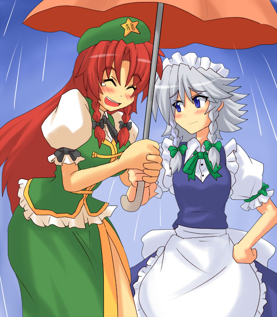 harukatron, hong meiling, izayoi sakuya, embodiment of scarlet devil, touhou, silver hair, 2girls, blue eyes, blush, braid, closed eyes, female focus, hairband, hat, maid, maid headdress, multiple girls, rain, red eyes, short hair, tears, umbrella