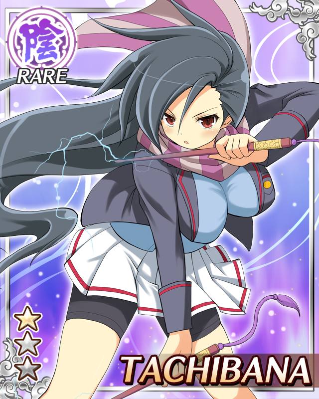 tachibana (senran kagura), senran kagura, senran kagura new wave, game cg, official art, 1girl, :o, bike shorts, black hair, black jacket, blue shirt, border, breasts, card (medium), character name, drumsticks, electricity, english text, holding, holding drumsticks, jacket, large breasts, leaning forward, long hair, looking at viewer, official alternate costume, open clothes, open jacket, parted bangs, purple scarf, red eyes, scarf, shirt, solo, striped clothes, striped scarf, very long hair