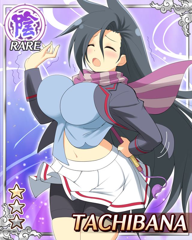 tachibana (senran kagura), senran kagura, senran kagura new wave, game cg, official art, 1girl, :o, arm behind back, arm up, bike shorts, black hair, black jacket, blue shirt, blush, border, bouncing breasts, breasts, card (medium), character name, closed eyes, clothes lift, drumsticks, english text, holding, holding drumsticks, jacket, large breasts, long hair, navel, official alternate costume, open clothes, open jacket, parted bangs, purple scarf, red eyes, running, scarf, shirt, shirt lift, solo, sprain, striped clothes, striped scarf, very long hair