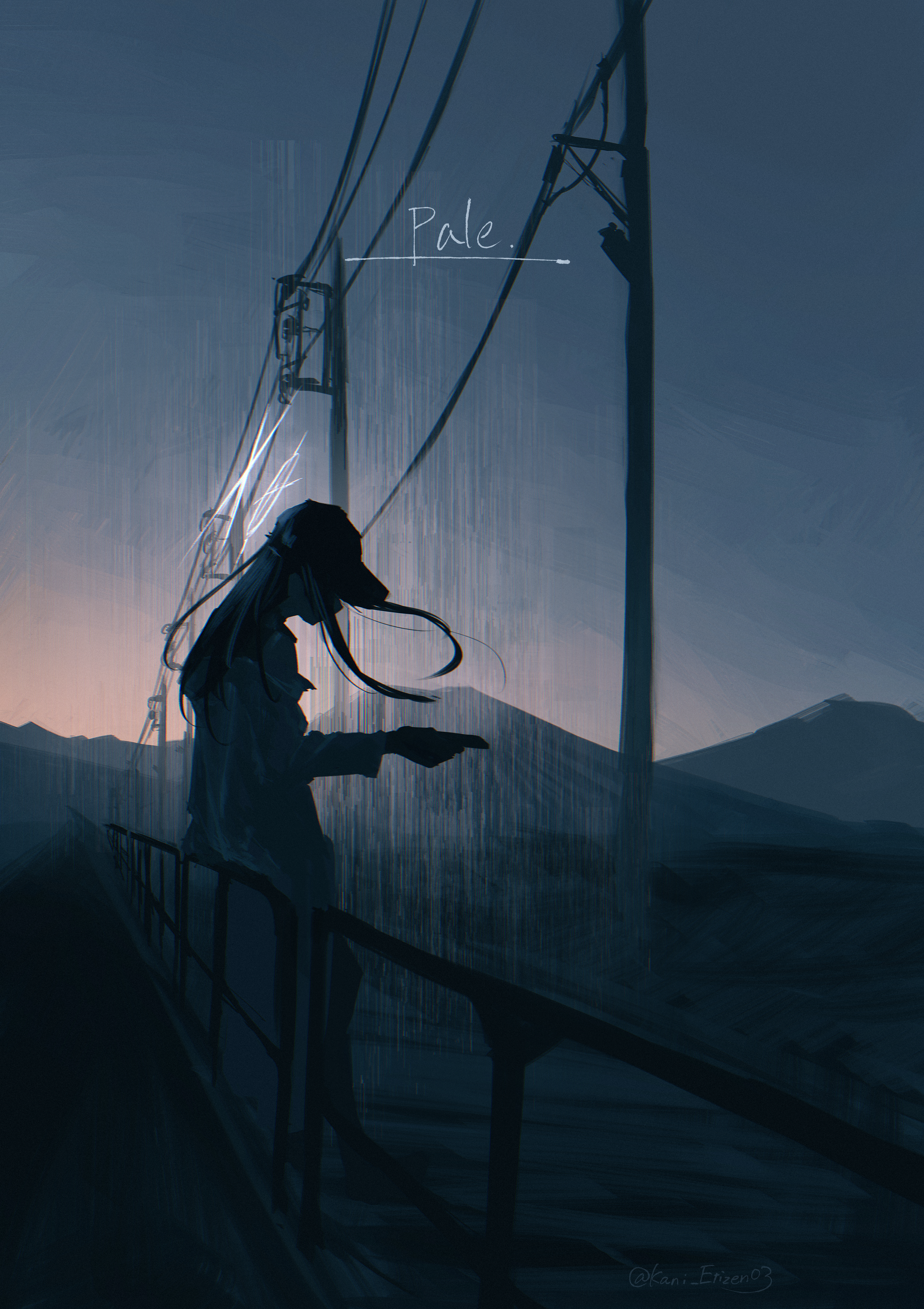 kani etizen03, saori (blue archive), blue archive, absurdres, commentary request, highres, 1girl, against railing, baseball cap, black hair, coat, dark, english text, from side, glitch, grey sky, halo, hat, holding, holding phone, long hair, mountainous horizon, orange sky, outdoors, phone, power lines, railing, scenery, sky, solo, twitter username, utility pole, white coat, white halo
