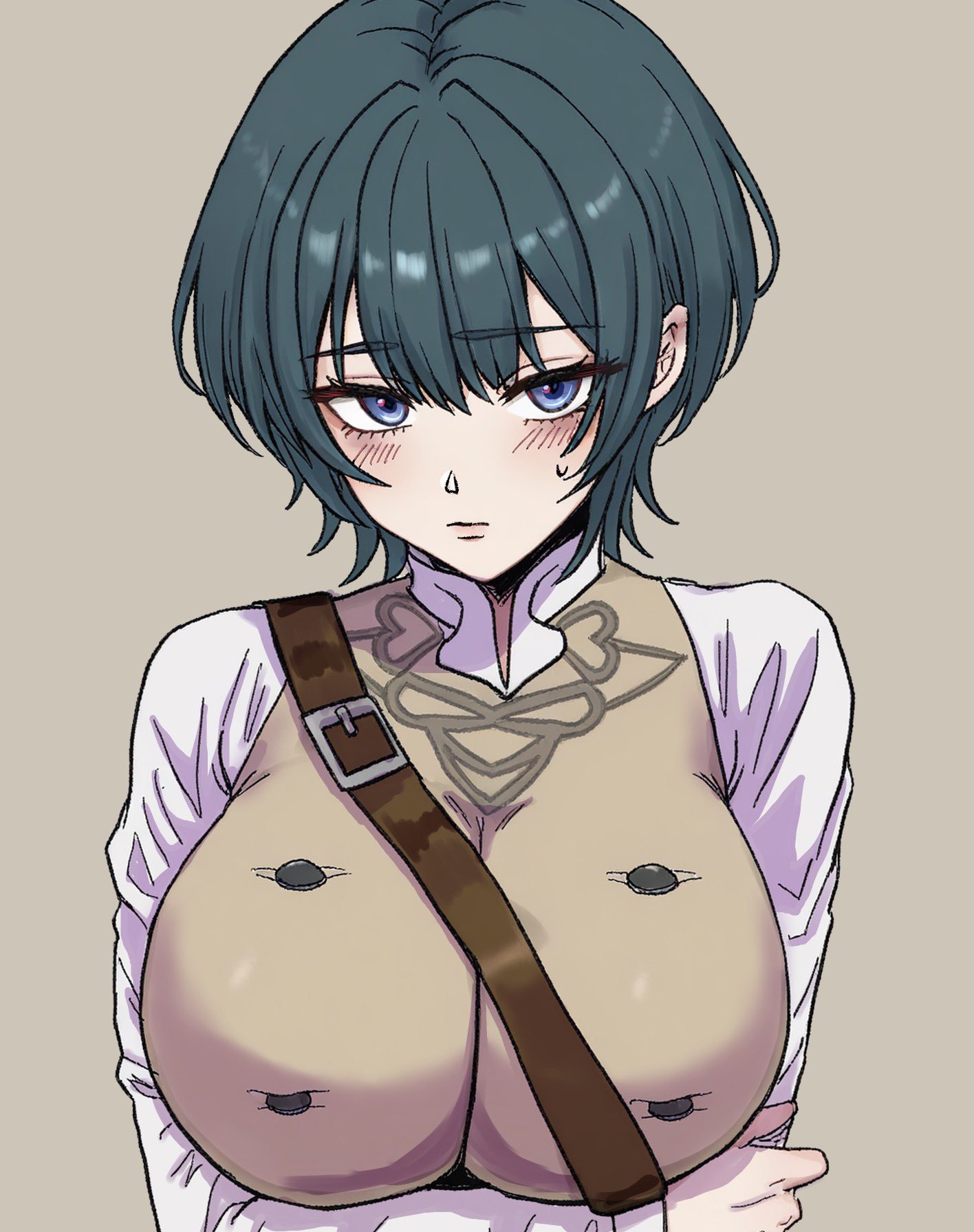 female byleth (fire emblem), fire emblem, fire emblem: three houses, nintendo, commentary request, highres, 1girl, alternate hair length, alternate hairstyle, arm under breasts, blush, breasts, brown background, closed mouth, collared shirt, garreg mach monastery uniform, green hair, large breasts, ootuk, shirt, short hair, simple background, solo, sweatdrop, upper body, white shirt