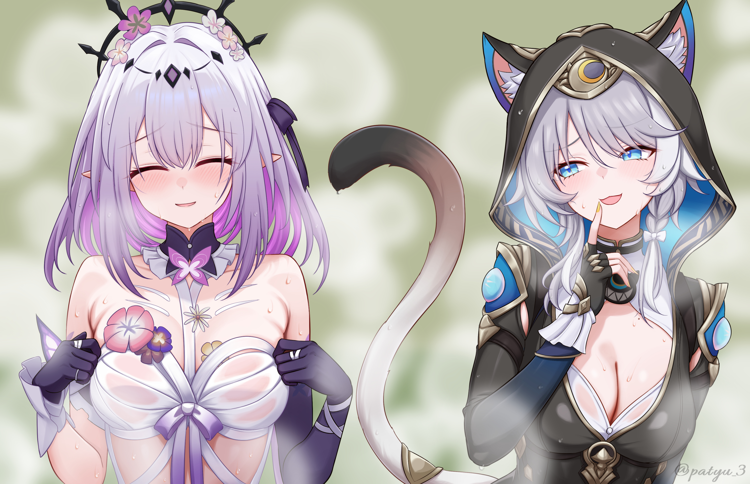 patyu3, castorice (honkai: star rail), cipher (honkai: star rail), stelle (honkai: star rail), trailblazer (honkai: star rail), honkai: star rail, honkai (series), commentary request, highres, textless version, 3girls, animal ear fluff, animal ears, animal hood, asymmetrical gloves, black gloves, black leotard, blue eyes, blush, breasts, cat ears, cat girl, cat hood, cat tail, cleavage, dress, fingerless gloves, flower, gloves, grey hair, hair flower, hair ornament, hood, large breasts, leotard, long hair, mismatched gloves, multiple girls, pointy ears, purple eyes, purple gloves, purple hair, short hair with long locks, steam, tail, tiara, very long hair, white dress, yellow eyes