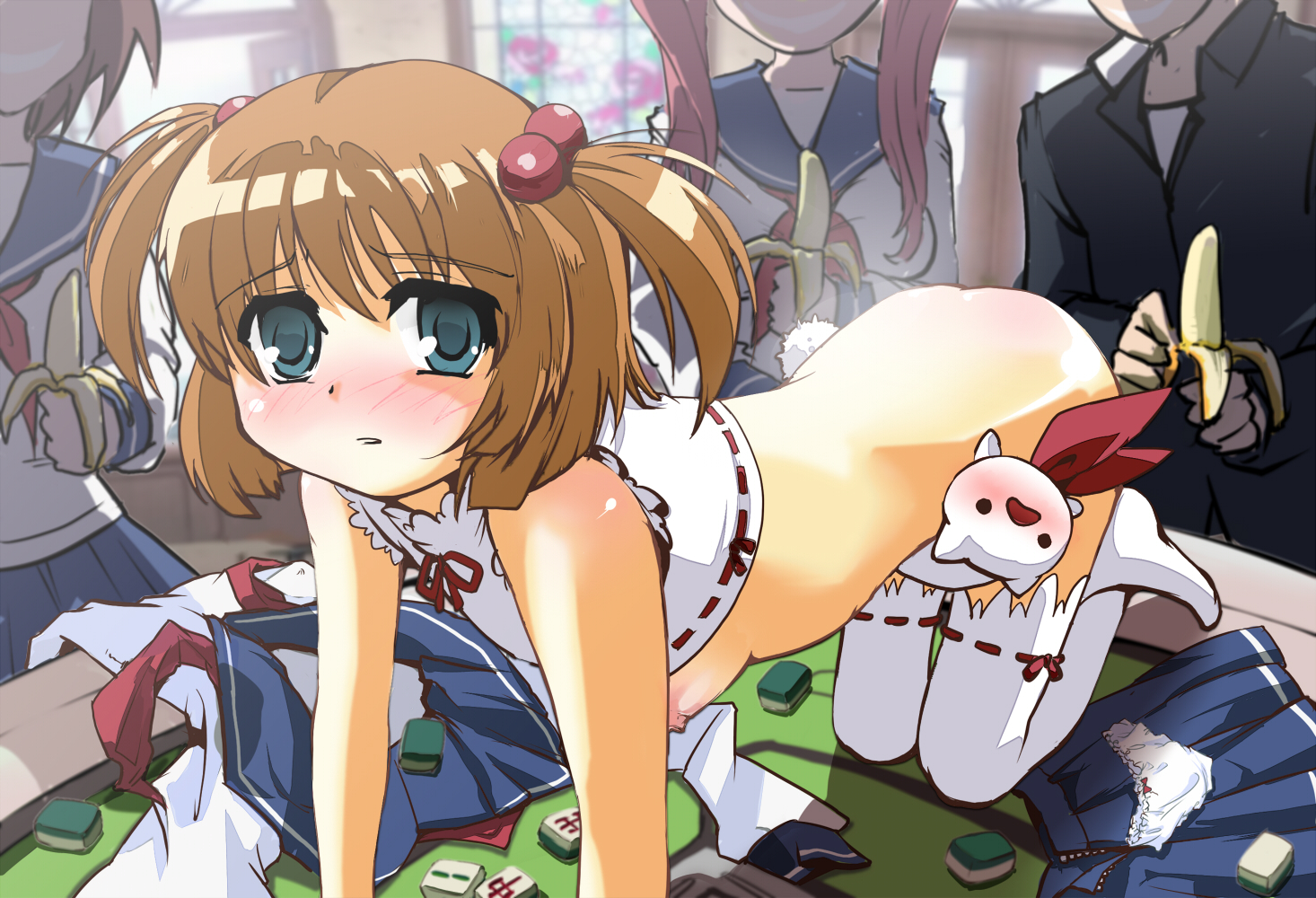 aruru no zaki, haramura nodoka, kataoka yuuki, miyanaga saki, saki (manga), 00s, 1boy, 3girls, all fours, ass, banana, blush, board game, bottomless, bow, bow panties, breasts, brown hair, d:, evil grin, evil smile, food, fruit, green eyes, grin, hair bobbles, hair ornament, loli, mahjong, multiple girls, nipples, open mouth, panties, school uniform, serafuku, shirt, skirt, small breasts, smile, stuffed animal, stuffed toy, thighhighs, twintails, two side up, underwear, unworn panties, unworn shirt, unworn skirt, white panties, white thighhighs