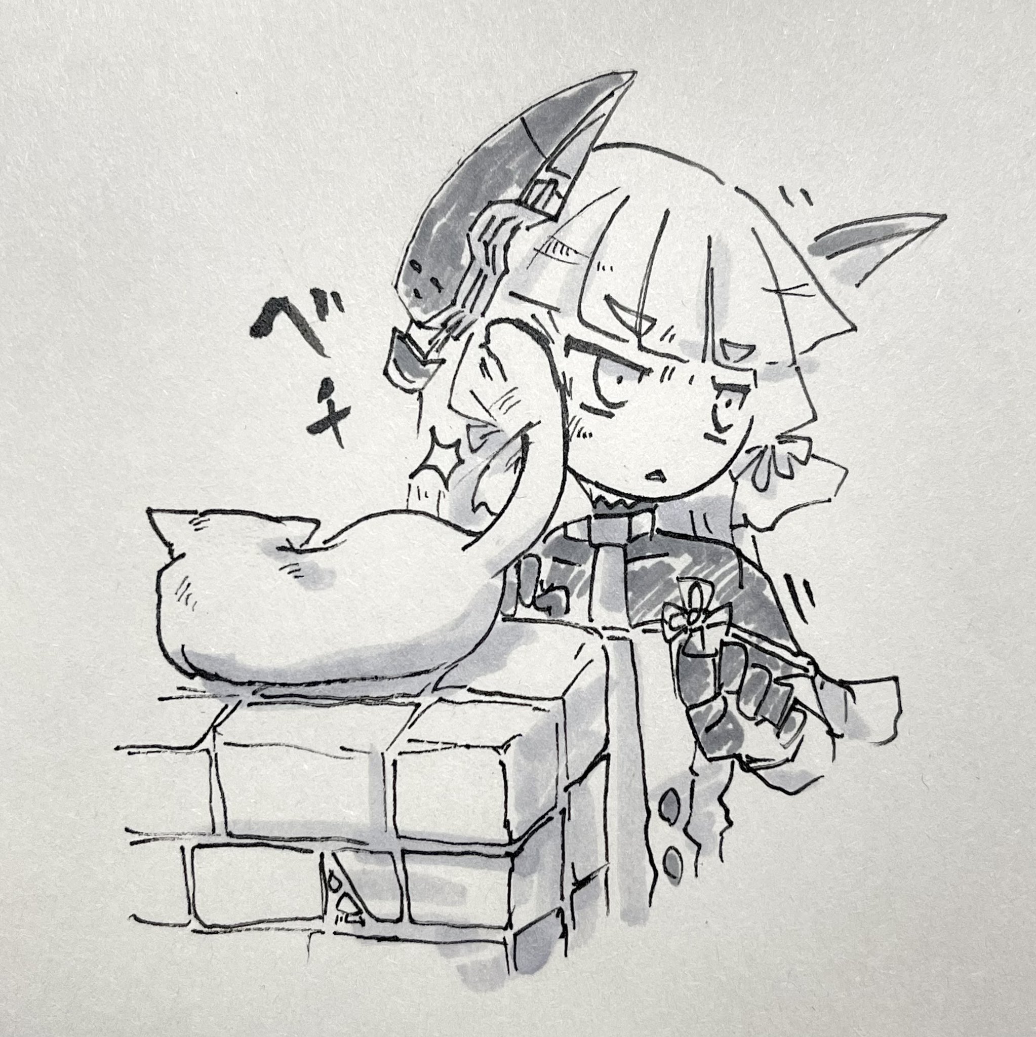 fudeyama (fudeco), murakumo (kancolle), murakumo kai ni (kancolle), kantai collection, highres, 1girl, blunt bangs, cat, dress, floating headgear, gloves, greyscale, headgear, monochrome, necktie, tail slapping, upper body