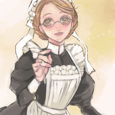 hagihara takeo, emma, emma (victorian romance emma), victorian romance emma, lowres, 00s, 1girl, apron, brown eyes, brown hair, eyelashes, female focus, glasses, hair up, long sleeves, maid, maid apron, oekaki, smile, solo, victorian maid