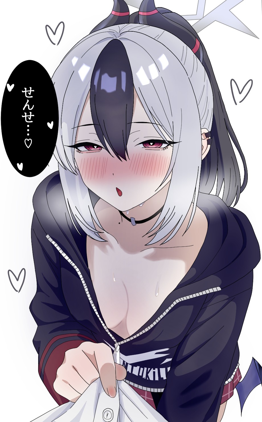 pkayokolove0317, kayoko (blue archive), blue archive, commentary request, highres, translation request, 1boy, 1girl, black choker, black hair, black horns, black jacket, blush, breasts, choker, cleavage, clothes pull, demon horns, ear piercing, grey hair, hair between eyes, half-closed eyes, halo, heart, heart-shaped pupils, hood, hood down, horns, jacket, long sleeves, looking at viewer, medium breasts, mole, mole on neck, multicolored hair, parted lips, partially unzipped, piercing, ponytail, red eyes, seductive smile, sidelocks, simple background, single wing, smile, solo focus, speech bubble, standing, symbol-shaped pupils, two-tone hair, white background, wings