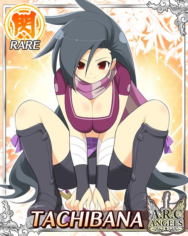 tachibana (senran kagura), senran kagura, senran kagura new wave, game cg, official art, 1girl, between legs, bike shorts, black hair, boots, border, breasts, breasts squeezed together, bridal gauntlets, card (medium), character name, cleavage, closed mouth, crop top, drumsticks, english text, hand between legs, large breasts, light smile, long hair, looking at viewer, midriff, navel, official alternate costume, parted bangs, plaid clothes, plaid skirt, purple scarf, purple shirt, purple skirt, red eyes, scarf, shirt, skirt, smile, solo, striped clothes, striped scarf, very long hair