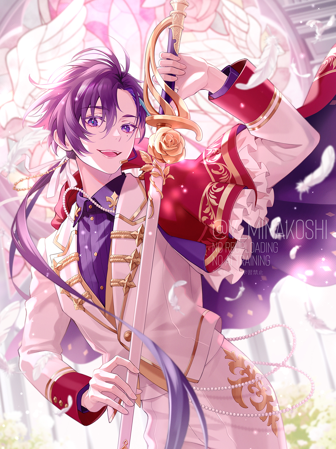 sakuma ritsu, cevio, ensemble stars!, commentary request, highres, 1boy, androgynous, arm up, beads, blue streaks, buttons, cape, collared shirt, cosplay, cowboy shot, feathers, fleur-de-lis, frilled cape, gold trim, hair between eyes, hair slicked back, hand on weapon, hand up, holding, holding sword, holding weapon, jacket, lapels, long hair, long sleeves, male focus, mole, mole under eye, multicolored hair, notched lapels, open mouth, pants, ponytail, purple cape, purple eyes, purple shirt, red cape, sakuma ritsu (cosplay), shirt, solo, soyogi soyogi, streaked hair, sword, two-sided cape, two-sided fabric, weapon, white jacket, white pants, y minakoshi