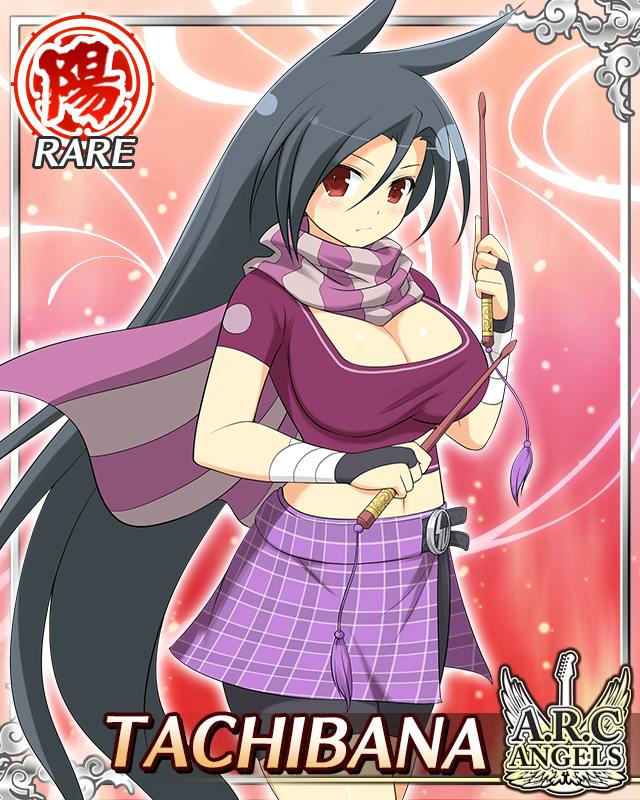 tachibana (senran kagura), senran kagura, senran kagura new wave, game cg, official art, 1girl, bike shorts, black hair, border, breasts, bridal gauntlets, card (medium), character name, cleavage, crop top, drumsticks, english text, frown, holding, holding drumsticks, large breasts, long hair, looking at viewer, midriff, navel, official alternate costume, parted bangs, plaid clothes, plaid skirt, purple scarf, purple shirt, purple skirt, red eyes, scarf, shirt, skirt, solo, striped clothes, striped scarf, very long hair