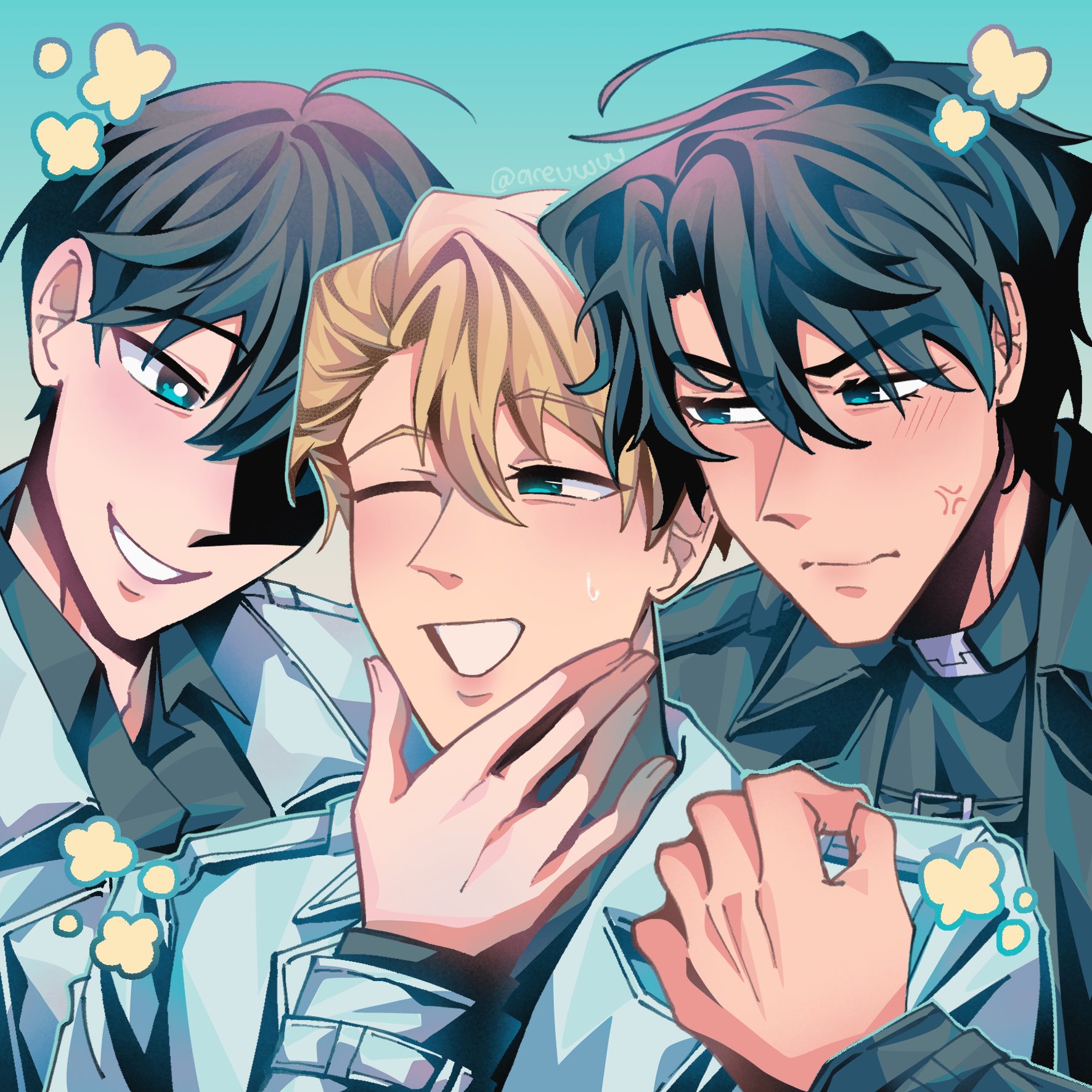 kim dokja, yoo joonghyuk, omniscient reader's viewpoint, highres, 3boys, ;d, anger vein, areuwuu, black coat, black hair, black shirt, blue eyes, coat, collared shirt, glaring, hand on another's chin, hand on another's shoulder, lee hakhyun, looking at another, male focus, multiple boys, one eye closed, open mouth, possessive, shirt, short hair, smile, sweatdrop, white coat