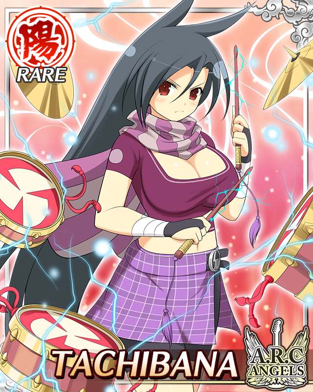 tachibana (senran kagura), senran kagura, senran kagura new wave, game cg, official art, 1girl, bike shorts, black hair, border, breasts, bridal gauntlets, card (medium), character name, cleavage, closed mouth, crop top, drum, drumsticks, electricity, english text, frown, holding, holding drumsticks, instrument, large breasts, long hair, looking at viewer, midriff, navel, official alternate costume, parted bangs, plaid clothes, plaid skirt, purple scarf, purple shirt, purple skirt, red eyes, scarf, shirt, skirt, solo, standing, striped clothes, striped scarf, very long hair