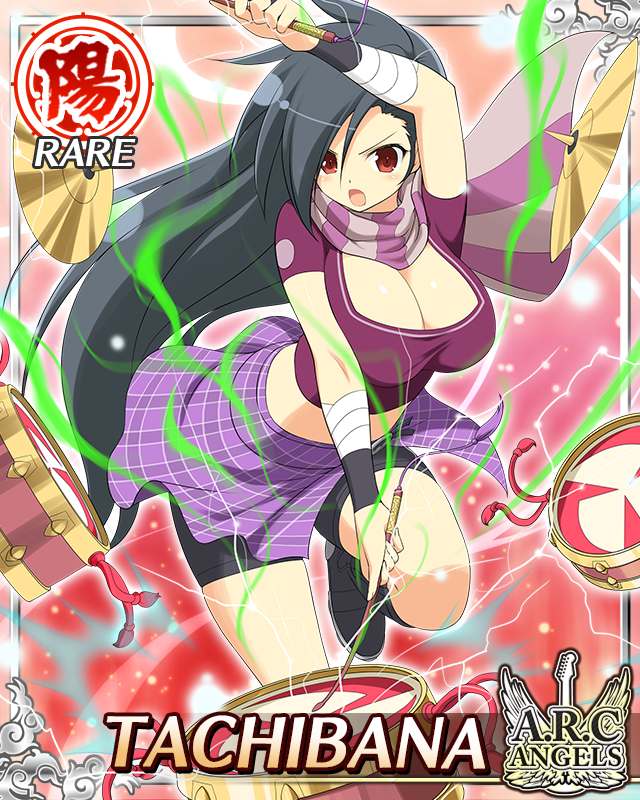 tachibana (senran kagura), senran kagura, senran kagura new wave, game cg, official art, 1girl, :o, arm up, bike shorts, black hair, border, breasts, bridal gauntlets, card (medium), character name, cleavage, crop top, drum, drum set, drumming, drumsticks, english text, holding, holding drumsticks, instrument, knee up, large breasts, leaning forward, long hair, midriff, navel, official alternate costume, parted bangs, plaid clothes, plaid skirt, purple scarf, purple shirt, purple skirt, red eyes, scarf, shirt, skirt, solo, standing, standing on one leg, striped clothes, striped scarf, very long hair