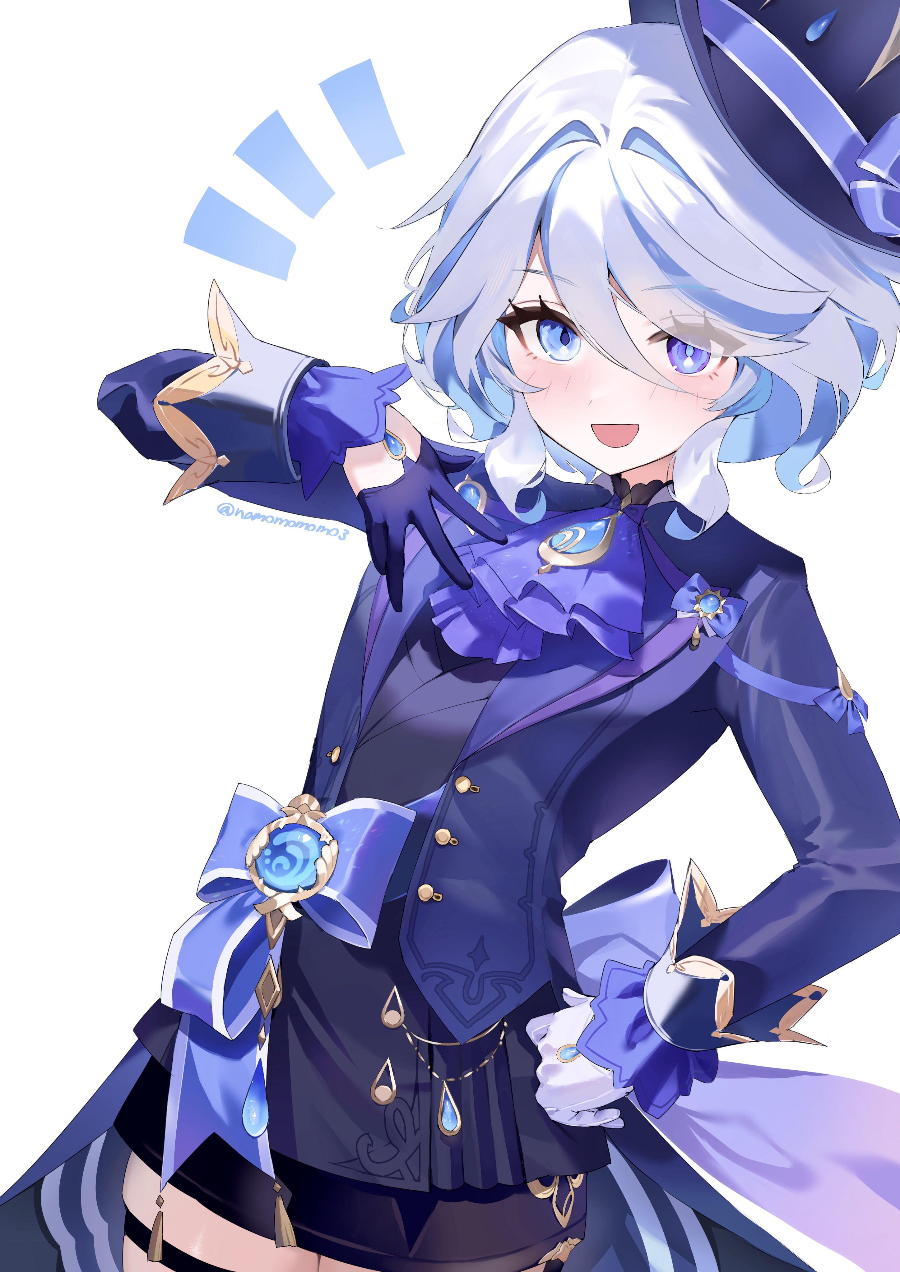 meru1029, furina (genshin impact), genshin impact, absurdres, highres, 1girl, aqua eyes, aqua hair, ascot, asymmetrical gloves, black gloves, blue ascot, blue eyes, blue jacket, blush, drop-shaped pupils, gloves, hair between eyes, hat, heterochromia, hydro symbol (genshin impact), jacket, long hair, looking at viewer, mismatched gloves, multicolored hair, notice lines, open mouth, simple background, smile, solo, symbol-shaped pupils, thigh strap, top hat, vision (genshin impact), white background, white gloves, white hair