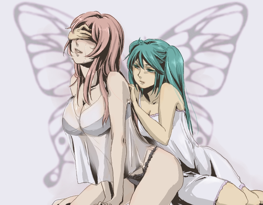 mizukiyo, hatsune miku, megurine luka, magnet (vocaloid), vocaloid, bad id, bad pixiv id, 2girls, aqua eyes, aqua hair, blush, bra, camisole, covering face, covering own eyes, covering privates, lingerie, long hair, midriff, multiple girls, negligee, panties, pink hair, see-through clothes, tears, thong, twintails, underwear, yuri