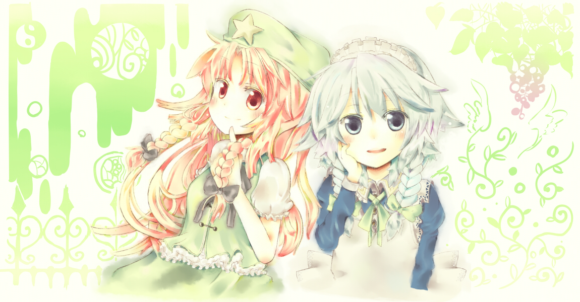 yuki sasame, hong meiling, izayoi sakuya, embodiment of scarlet devil, touhou, silver hair, 2girls, blue eyes, braid, female focus, hat, long hair, maid headdress, multiple girls, red eyes, red hair, short hair, twin braids