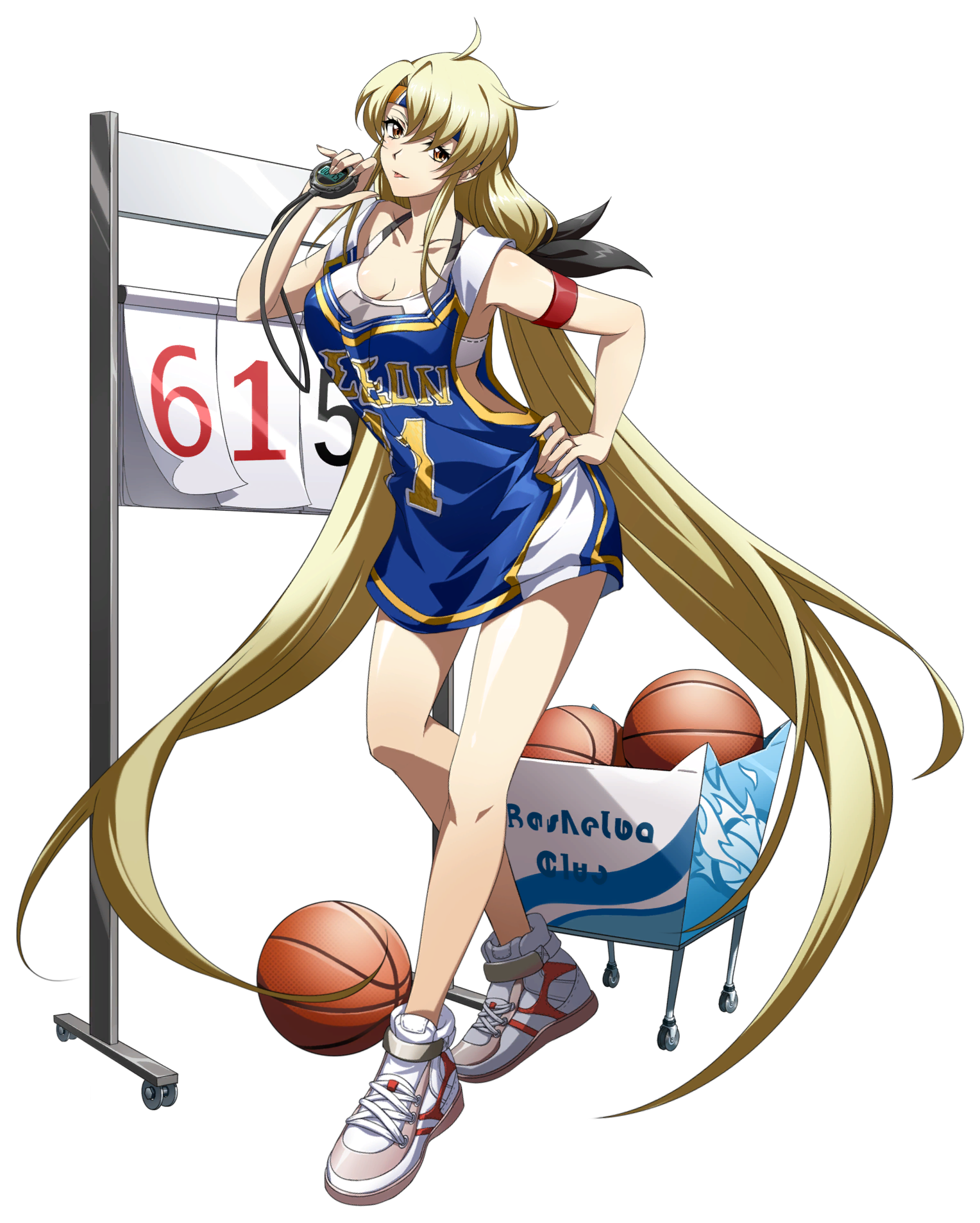 rana (langrisser), langrisser, langrisser ii, langrisser mobile, game cg, highres, official art, second-party source, 1girl, absurdly long hair, arm strap, ball, basketball, basketball (object), basketball jersey, black ribbon, blonde hair, blue shirt, breasts, cleavage, clothes writing, collarbone, contrapposto, floating hair, full body, hair between eyes, hair ribbon, hand on own hip, hand up, head tilt, headband, holding, holding stopwatch, jersey, large breasts, legs, long hair, long sidelocks, looking at viewer, low ponytail, official alternate costume, orange eyes, ponytail, ribbon, scoreboard, shiny skin, shirt, shoes, sidelocks, simple background, sleeveless, smile, sneakers, solo, sports bra, sportswear, standing, stopwatch, tachi-e, tongue, tongue out, transparent background, twintails, very long hair, watch, white shoes