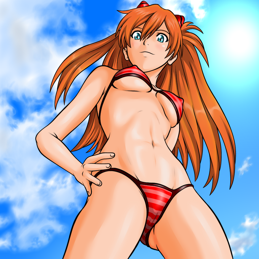 nike (0306), souryuu asuka langley, neon genesis evangelion, 1girl, bikini, blue eyes, blush, breasts, brown hair, cloud, covered erect nipples, day, female focus, from below, long hair, medium breasts, red bikini, sky, solo, swimsuit, underboob