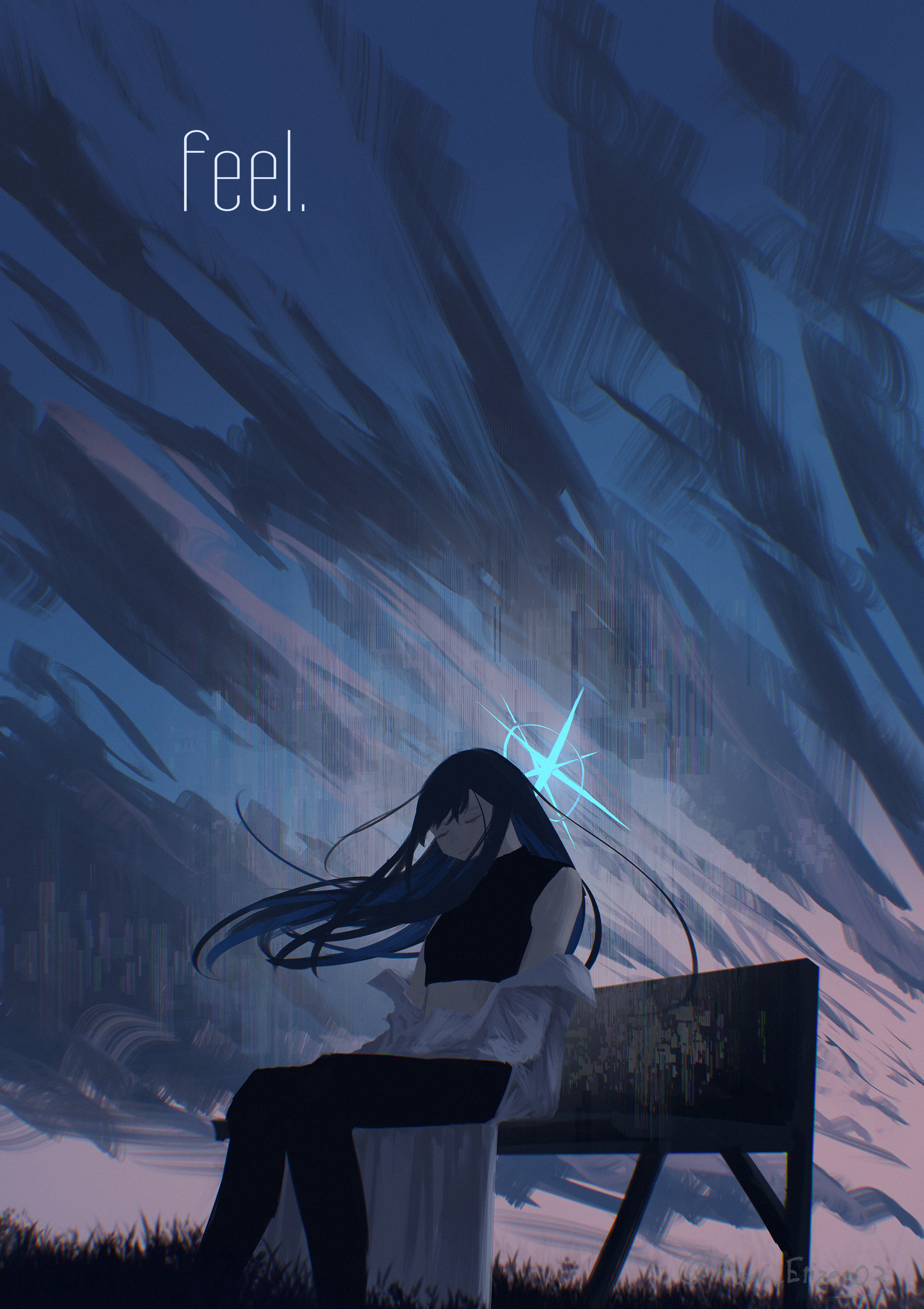 kani etizen03, saori (blue archive), blue archive, absurdres, commentary, highres, 1girl, bench, black pants, black shirt, blue hair, blue halo, blue sky, closed eyes, cloud, cloudy sky, coat, coat partially removed, crop top, dusk, english text, glitch, grass, halo, long hair, on bench, orange sky, pants, shirt, sitting, sky, sleeveless, sleeveless shirt, solo, twitter username, white coat