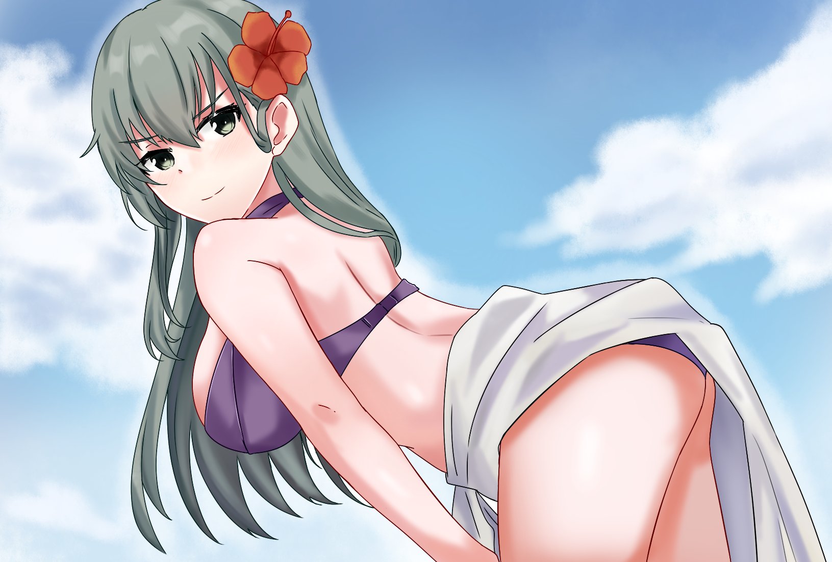 rukialice, suzuya (kancolle), suzuya kai ni (kancolle), suzuya kai ni (swimsuit) (kancolle), kantai collection, highres, 1girl, ass, bikini, blue sky, breasts, cloud, cowboy shot, flower, green eyes, grey hair, hair flower, hair ornament, hand on own thigh, large breasts, leaning forward, looking at viewer, purple bikini, sarong, sky, solo, swimsuit, white sarong