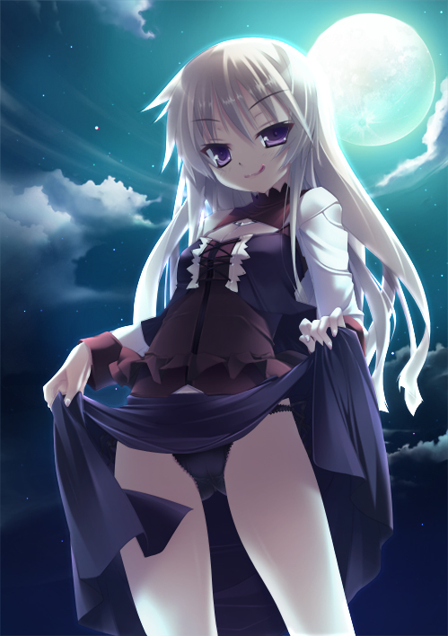 nekomu, original, silver hair, source request, 1girl, :p, black panties, blonde hair, clothes lift, cloud, dress, dress lift, female focus, full moon, long hair, moon, naughty face, night, panties, pantyshot, purple eyes, skirt, skirt lift, solo, star (sky), tongue, tongue out, underwear, upskirt