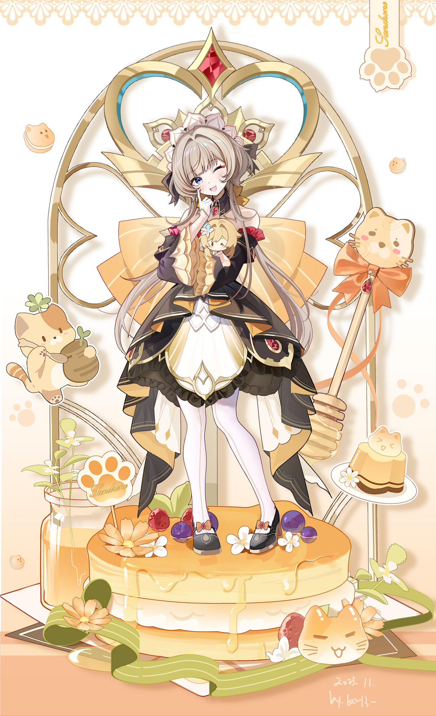 miaogujun, lumine (genshin impact), sandrone (genshin impact), genshin impact, chinese commentary, commentary request, highres, 1girl, ;d, bare shoulders, black shoes, black sleeves, blue eyes, blush, brown hair, character doll, detached sleeves, doll, dress, food, full body, gloves, hand up, head tilt, holding, holding doll, honey dipper, long hair, long sleeves, one eye closed, open mouth, pancake, pancake stack, pantyhose, shoes, sleeveless, sleeveless dress, smile, solo, standing, very long hair, white gloves, white pantyhose